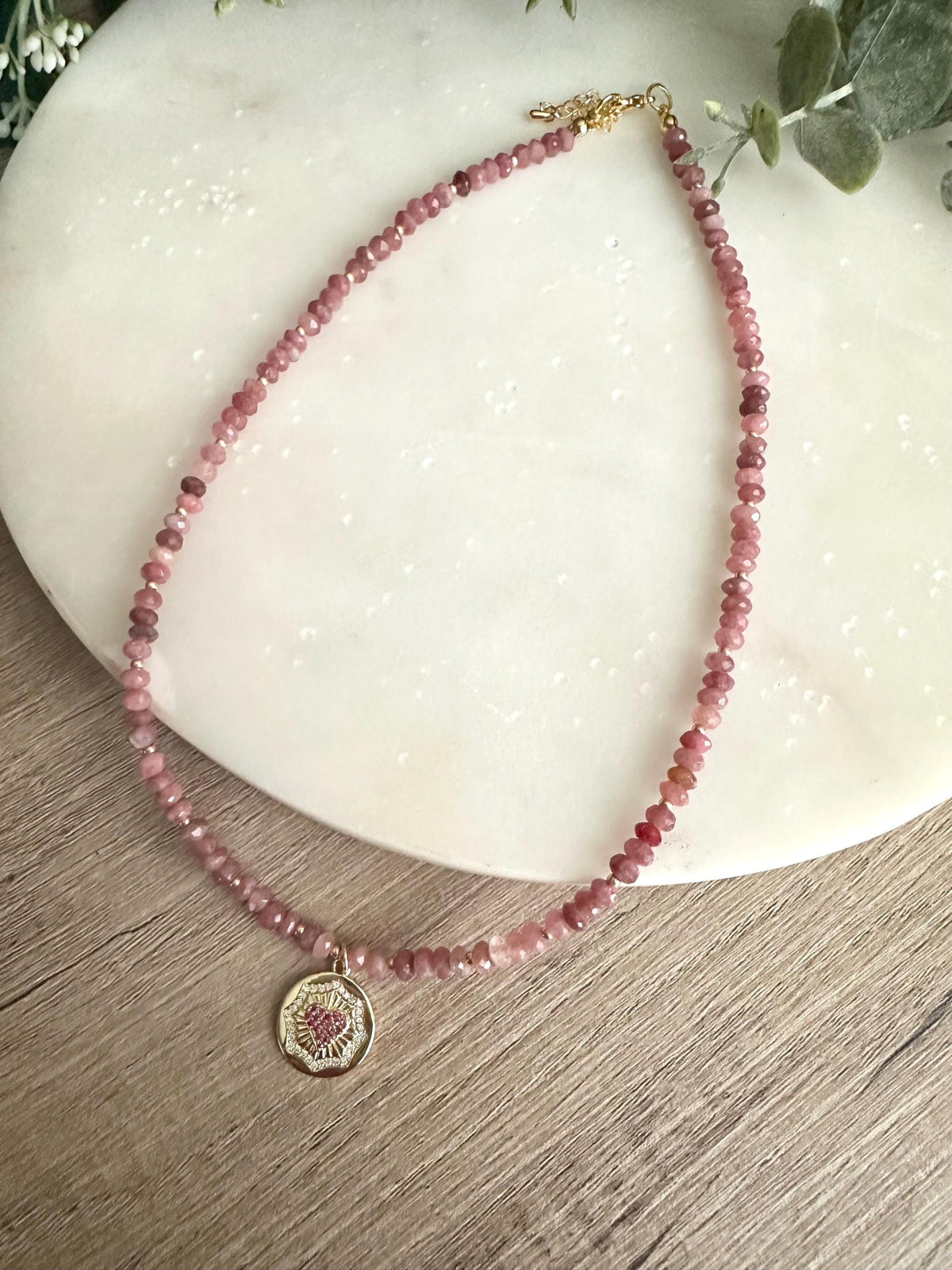 Rosy Dreams- Pink Tourmaline Heart Coin Beaded Necklace -Gift-Wedding-Bridesmaid