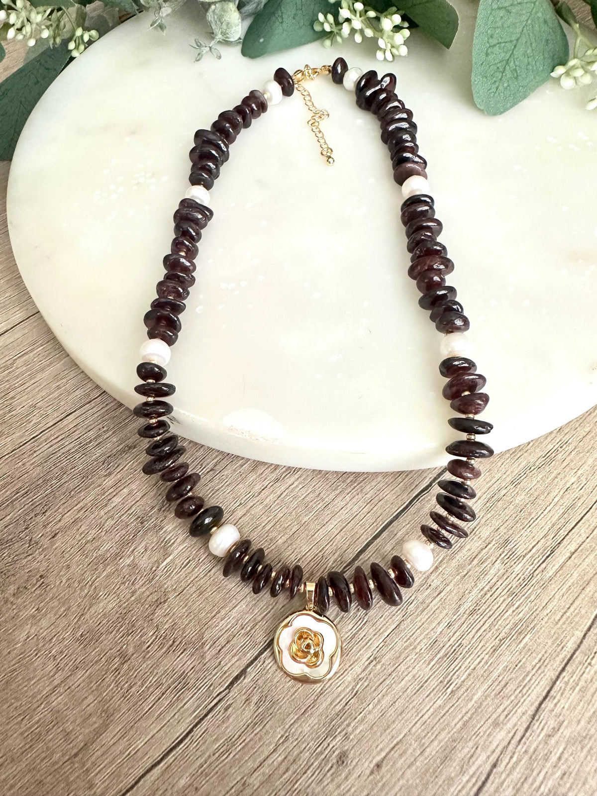 Garnet and Freshwater Peals Beaded Necklace with Rose Pendant -Gift-Wedding-Bridesmaid