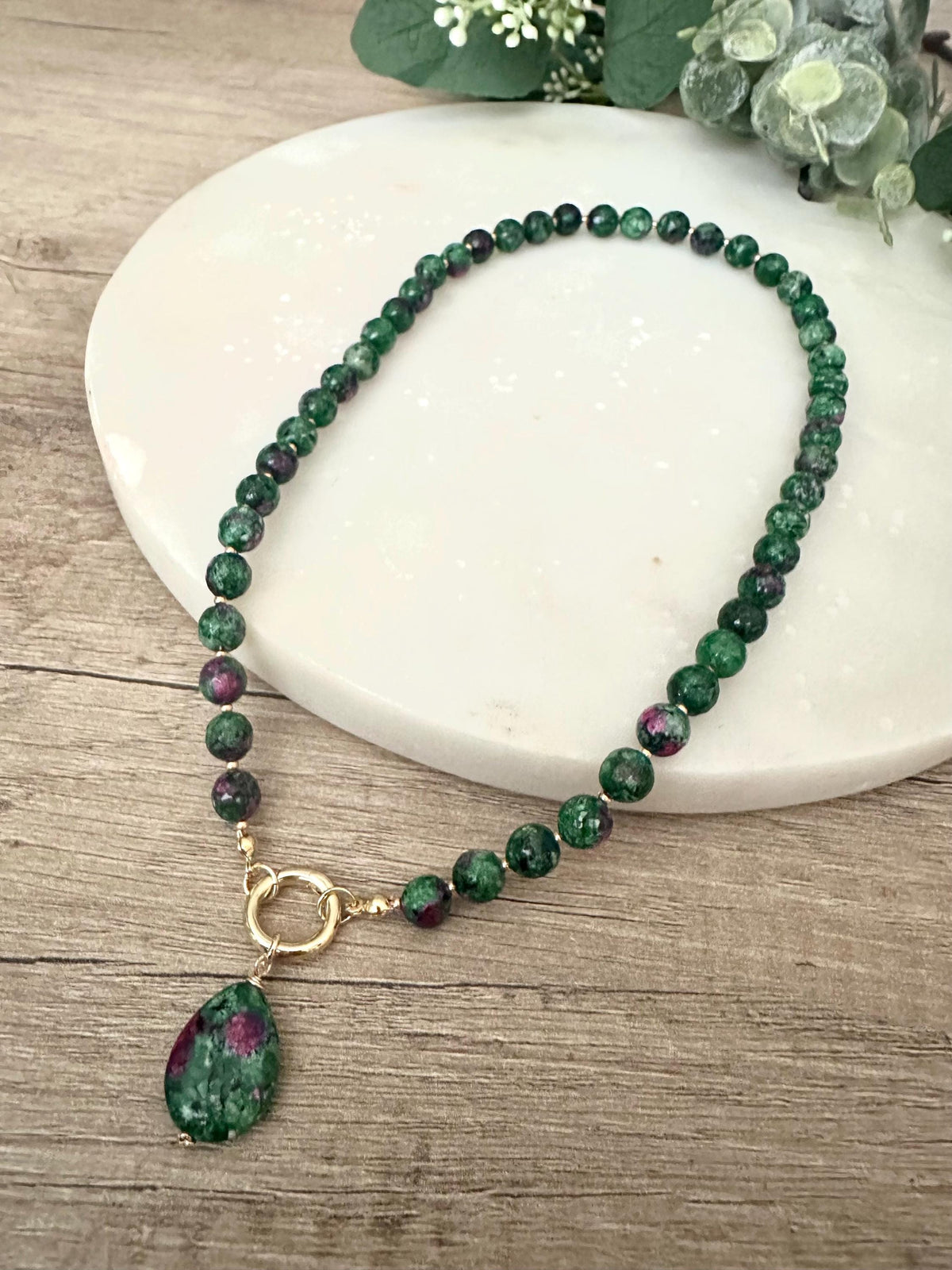 Ruby Zoisite Beaded Necklace with a Teardrop Pendant-Gift for Her-Wedding-Bridesmaid