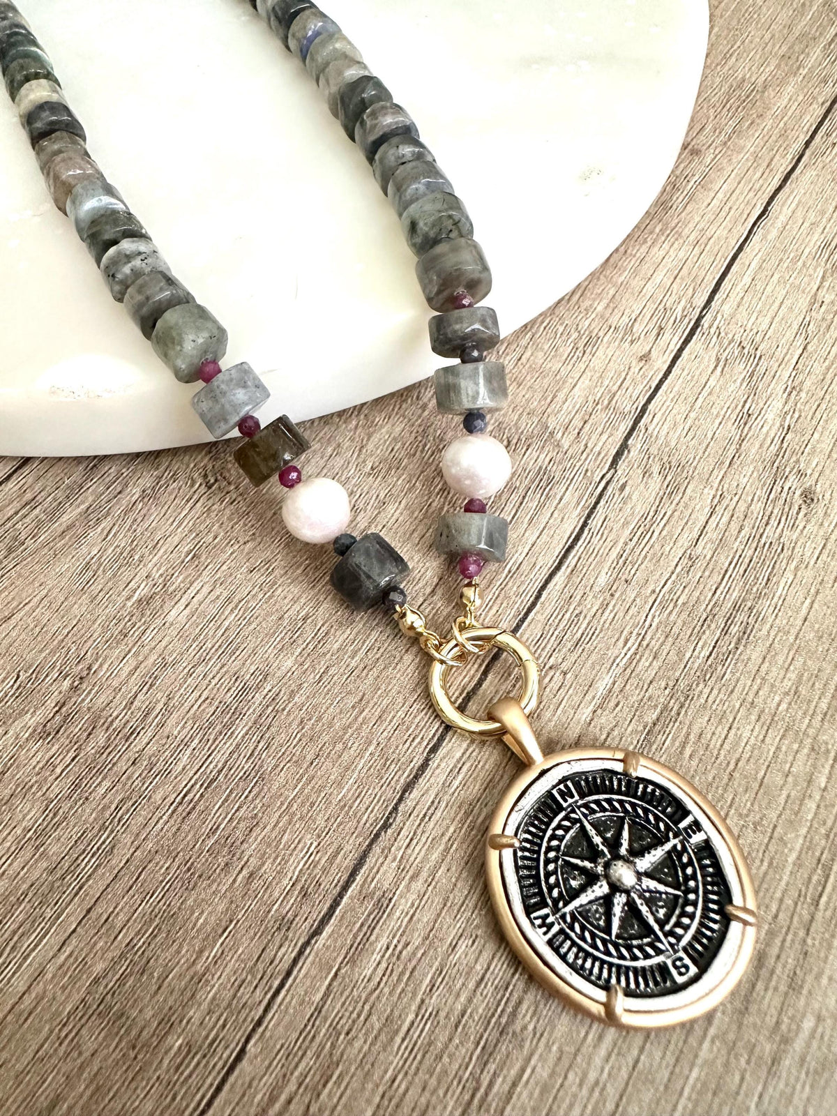 Blue Black Labradorite Beaded Necklace Coin Compass Pendant Chunky Necklaces -Gift-Wedding-Bridesmaid