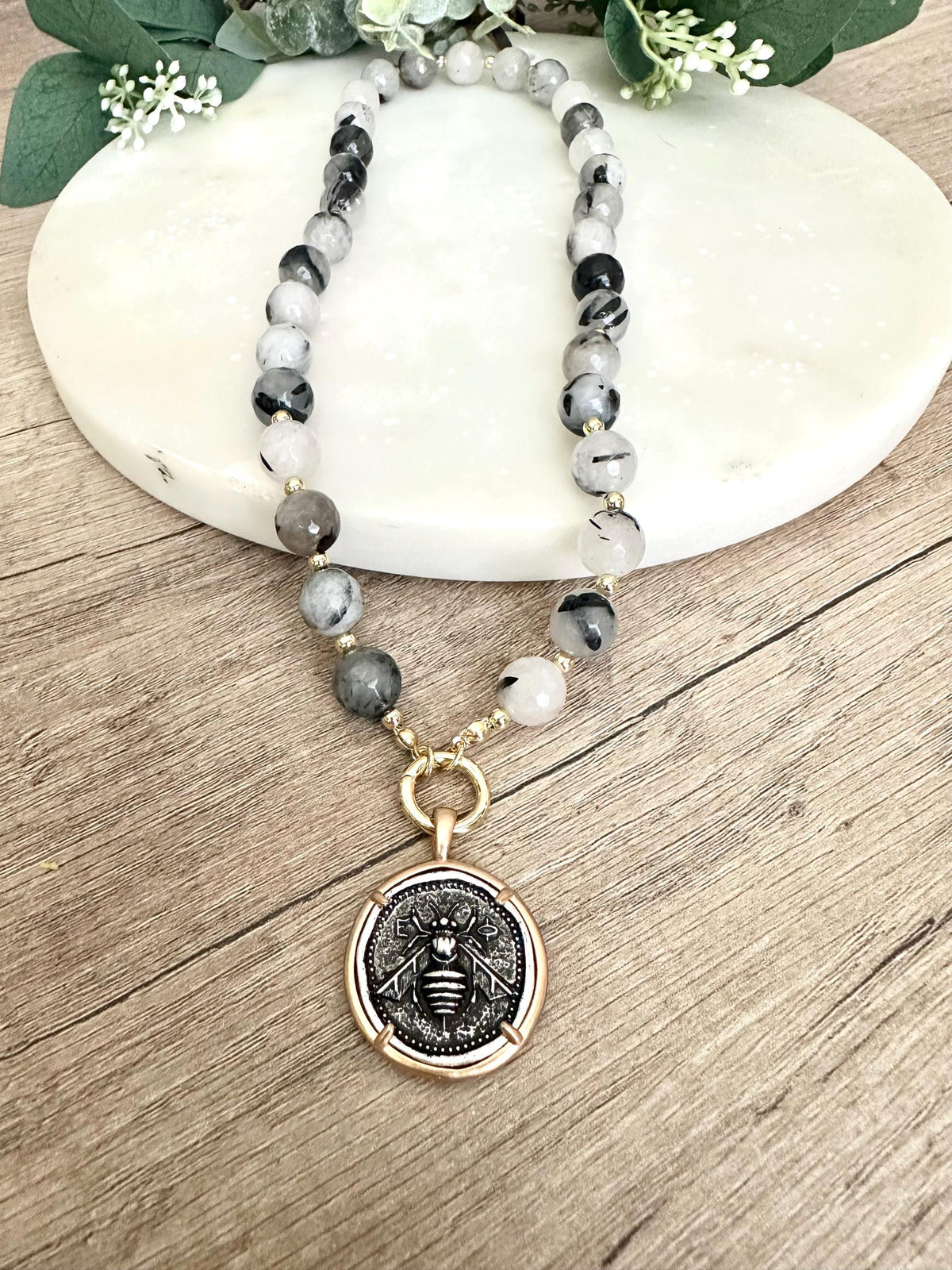 Black Rutilated Quartz Beaded Necklace Coin Bee Pendant Chunky Necklaces -Gift-Wedding-Bridesmaid