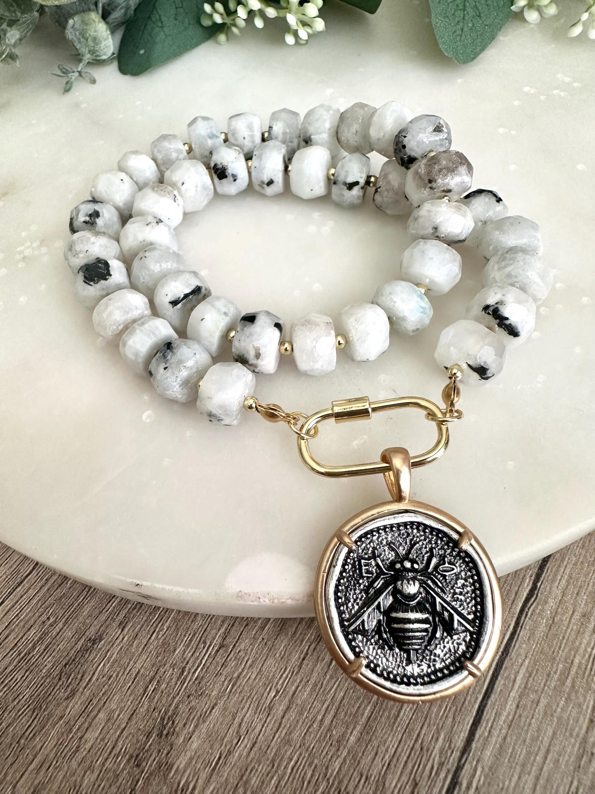 White with Black Moonstone Beaded Necklace Bee Pendant Chunky Necklaces -Gift-Wedding-Bridesmaid