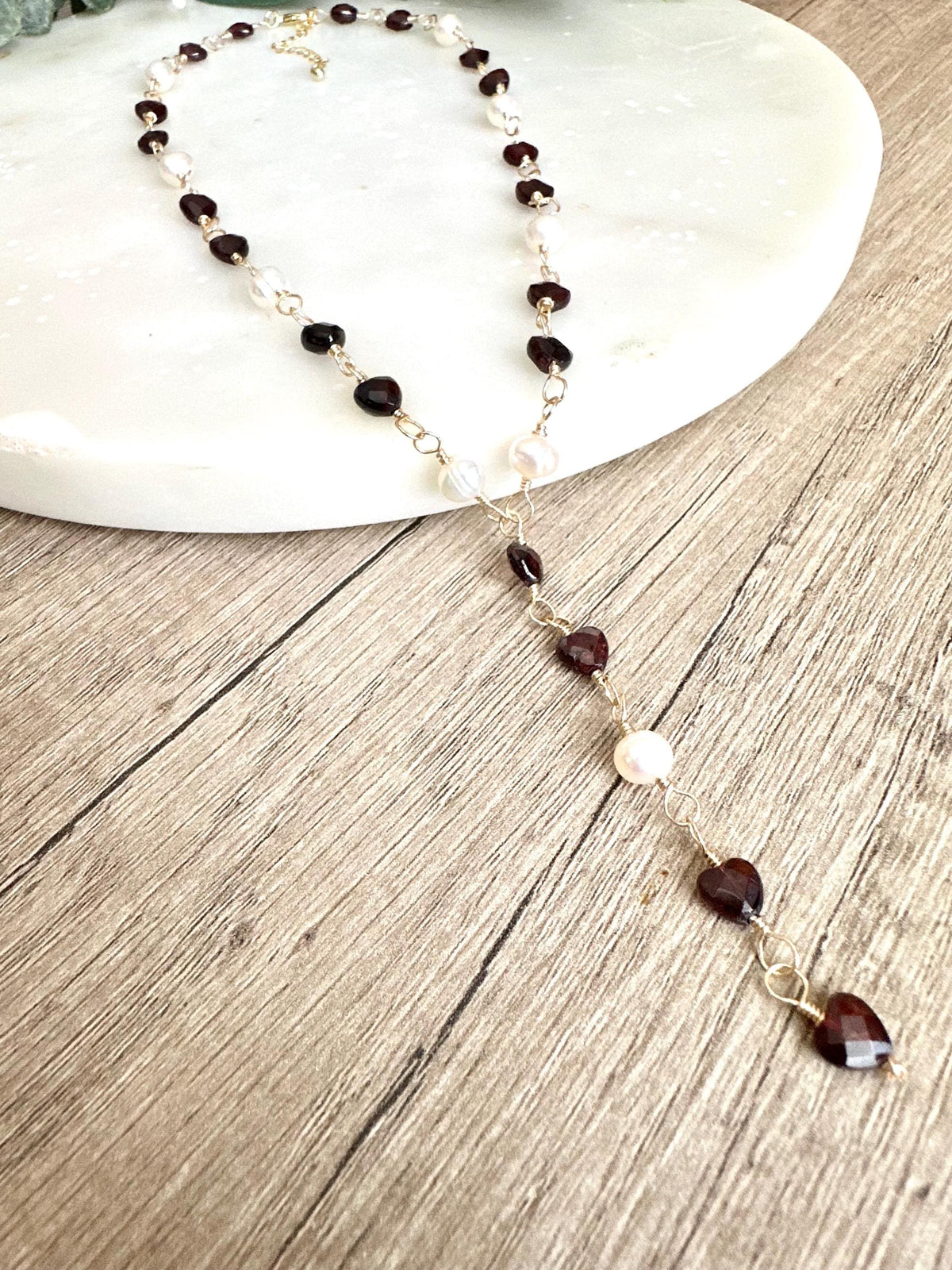 Garnet Hearts and Freshwater Pearls Necklace-Gifts for Her-Y Necklace