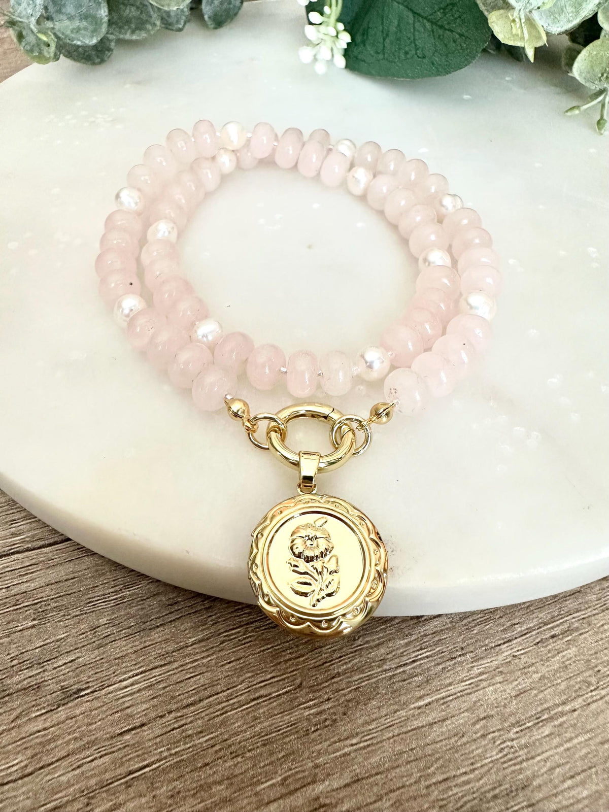 Rose Quartz Freshwater Pearls Beaded Necklace with Rose Locket