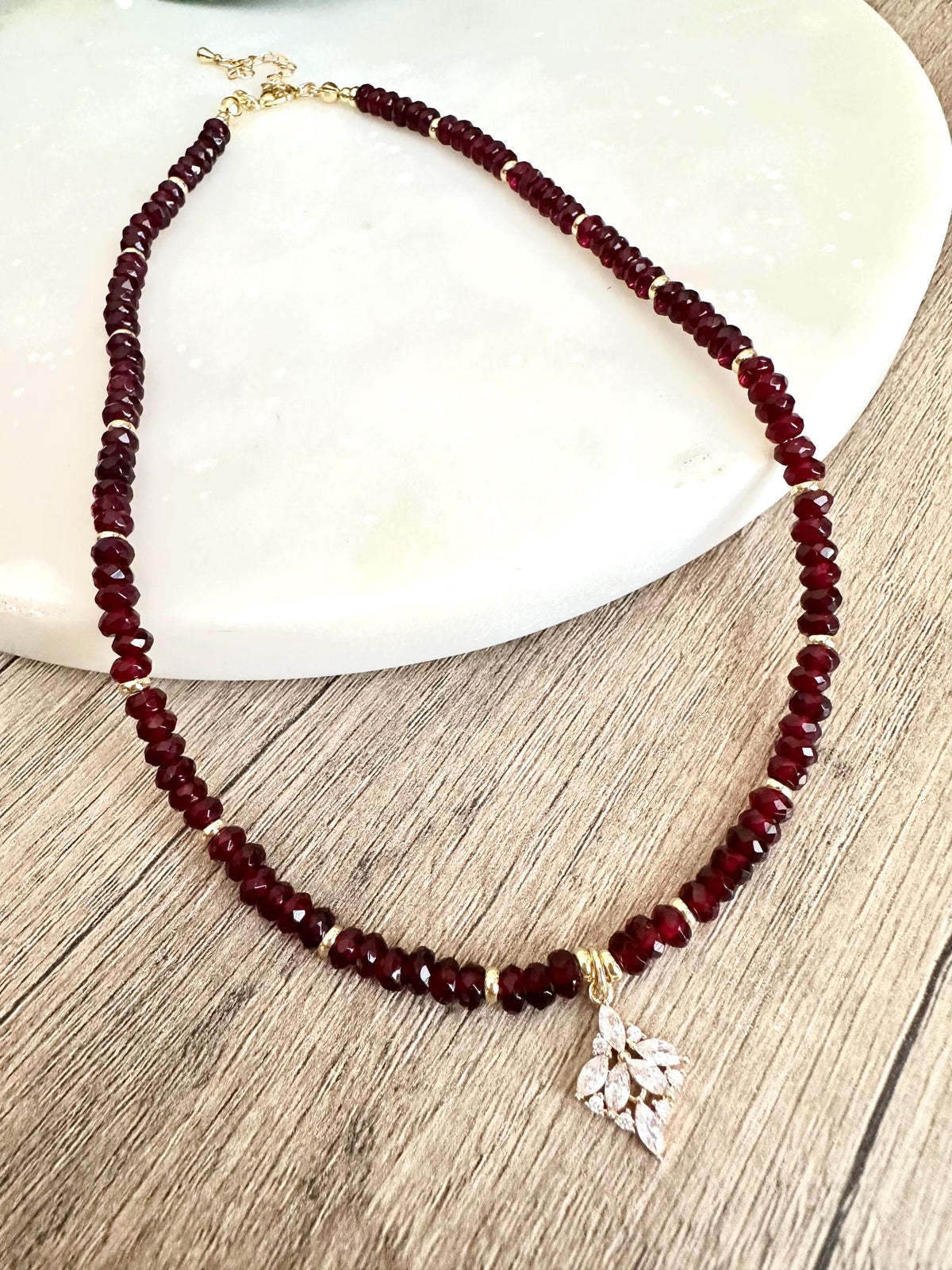 Garnet and Beaded Necklace with Cz Filigree Drop Pendant -Gift-Wedding-Bridesmaid