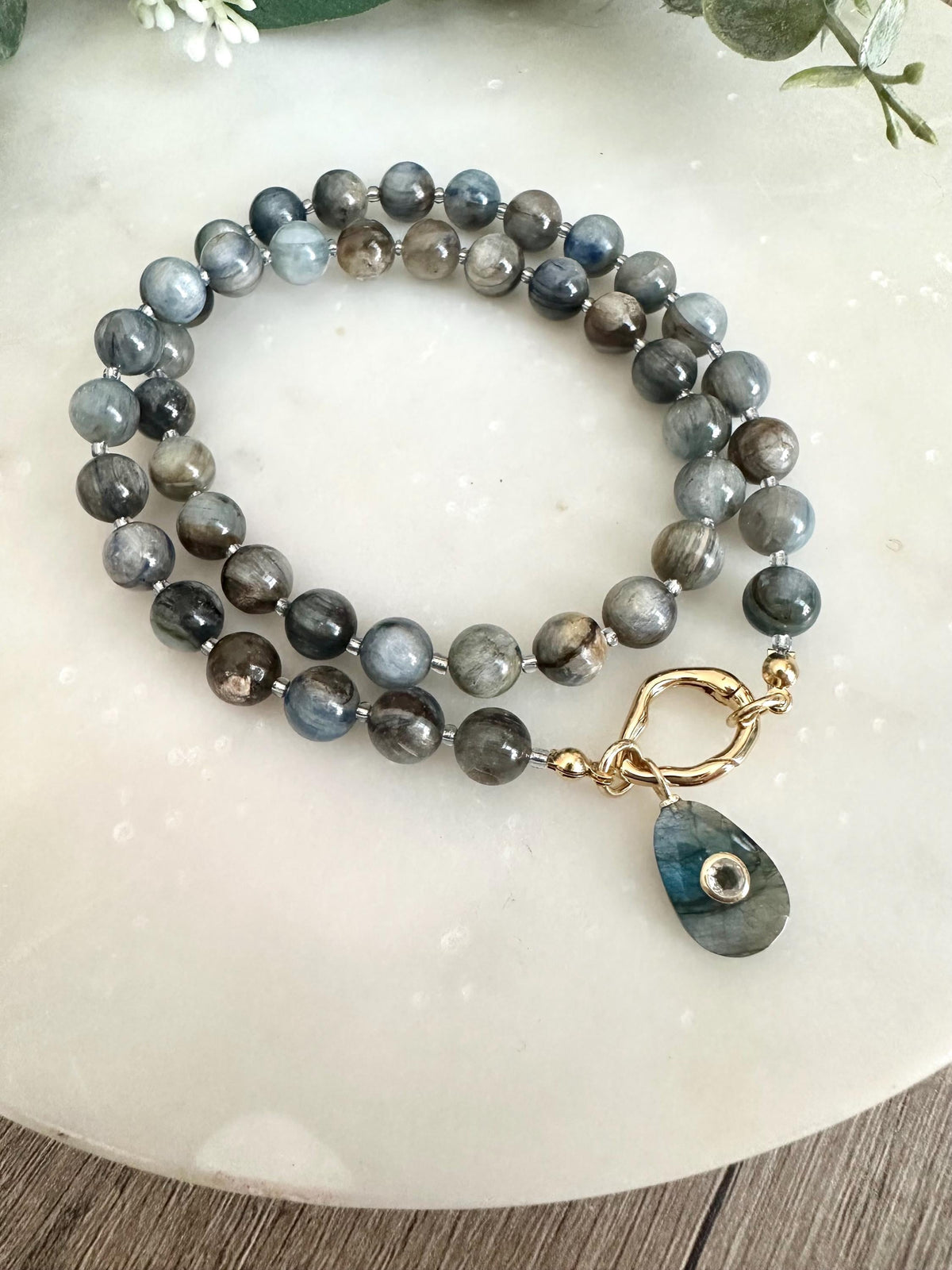 Blue Brown Apatite Beaded Necklace Labradorite Pendant -Gift-Wedding-Bridesmaid