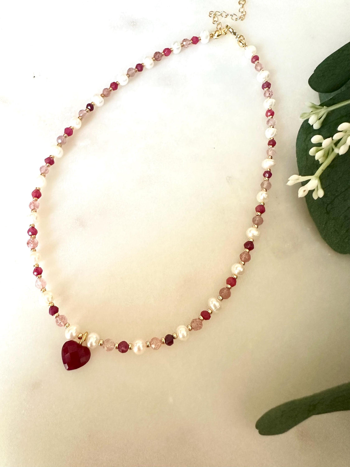 Strawberry Quartz, Ruby & Pearl Necklace with Ruby Heart Pendant | Romantic Gemstone Necklace | Handmade Gold-Filled Jewelry | Gift for Her