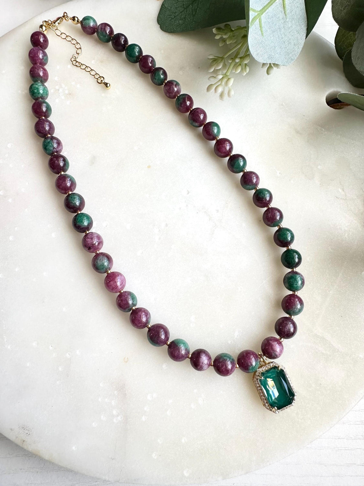Ruby Zoisite Necklace with Green Gemstone Pendant | Ruby Zoisite Beaded Necklace | Statement Gemstone Jewelry | Handmade Necklace