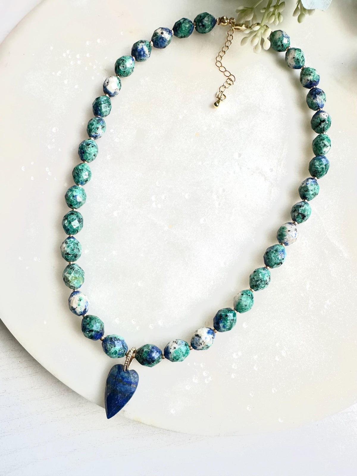 Azurite and Lapis Lazuli Heart Necklace | Blue Green Gemstone Beaded Necklace | Handmade Gold Jewelry | Ocean-Inspired Statement Necklace
