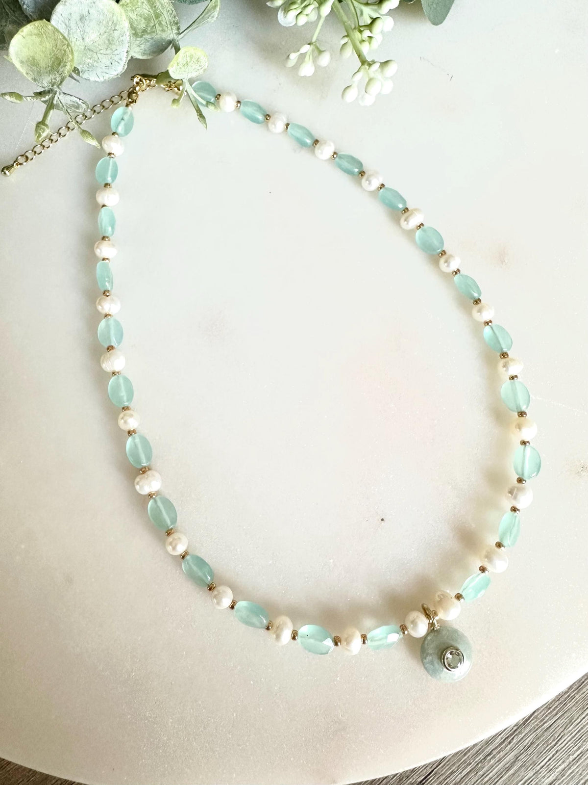 Aqua Green Chalcedony & Freshwater Pearl Necklace • Aquamarine Pendant • Gemstone Beaded Necklace • Gold Filled • Gift for Her