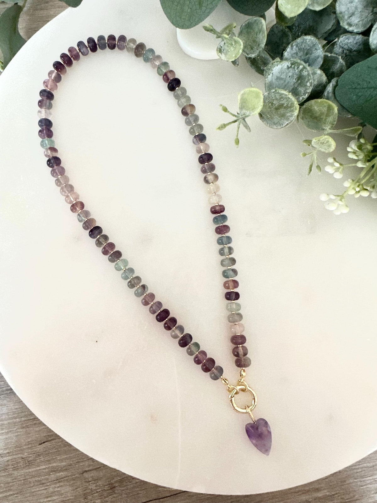 Fluorite Beaded Necklace • Amethyst Heart Pendant • 8x5mm Gemstone Necklace • Purple Green Crystal Necklace • Handmade Gift for Her