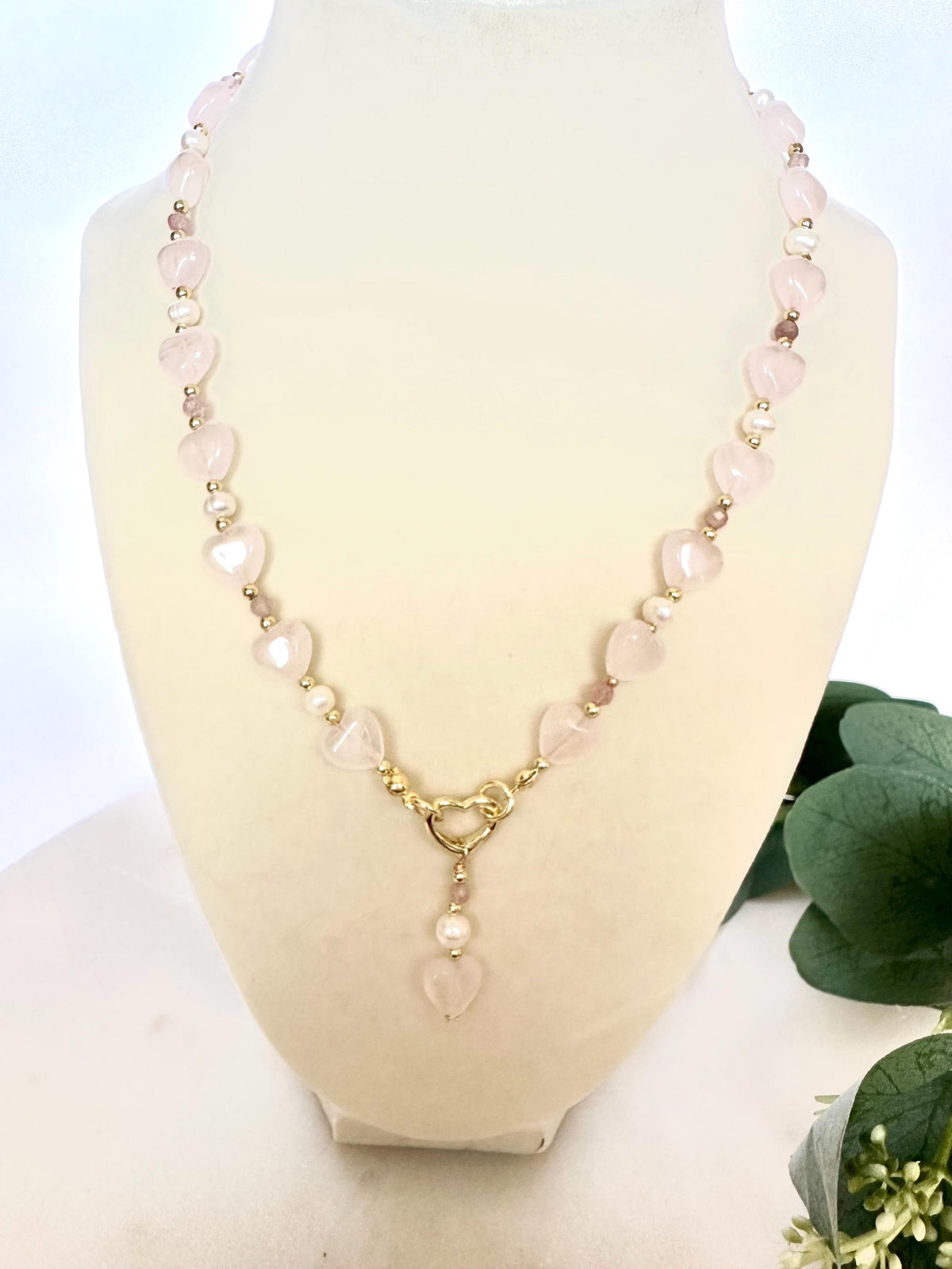 Rose Quartz Heart Necklace with Freshwater Pearls & Strawberry Quartz | Gold Heart Clasp | Romantic Handmade Jewelry | Gift for Her