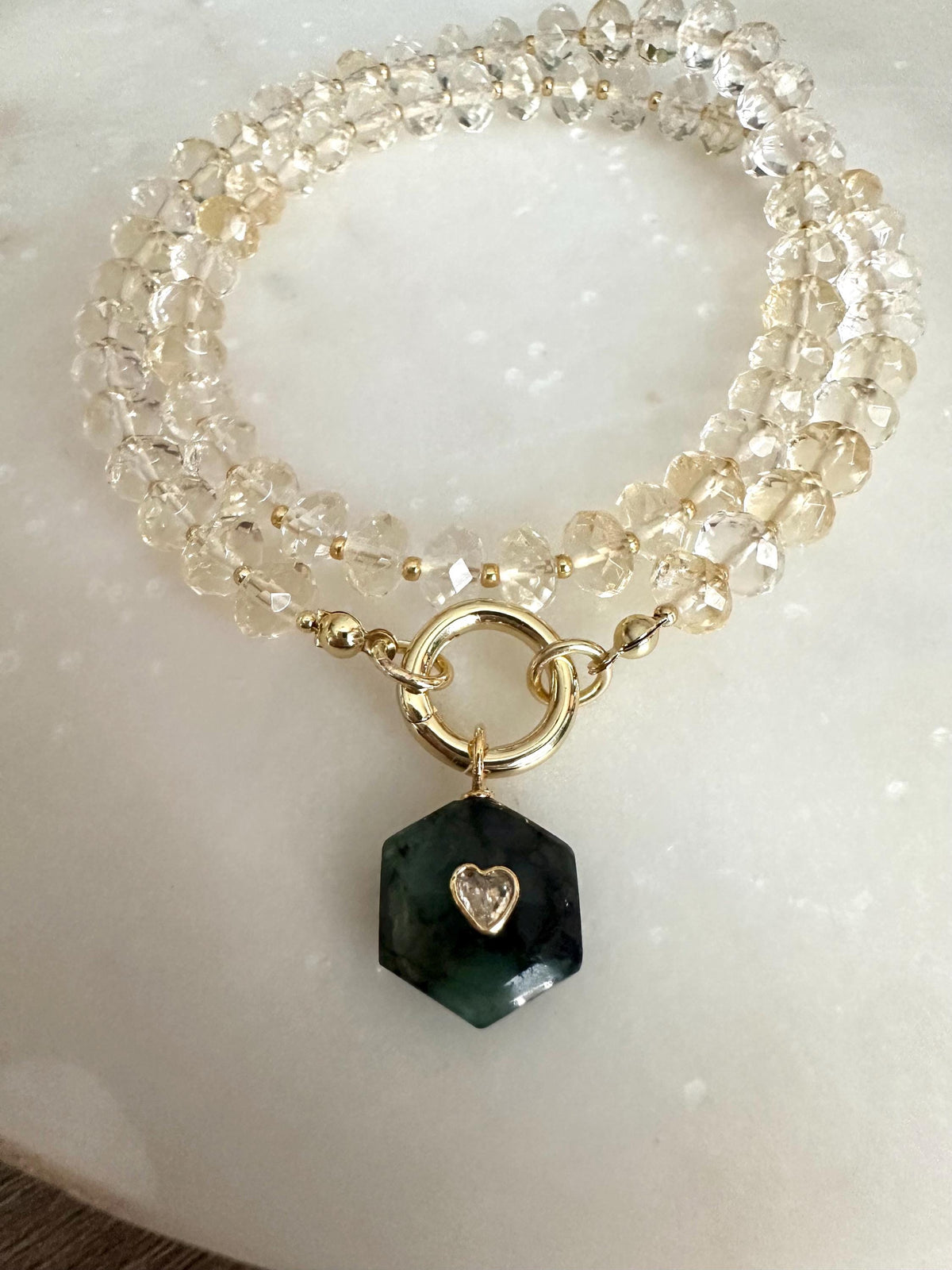 Citrine Gemstone Necklace with Emerald Heart Inlay Pendant, Gold Carabiner Clasp, Handmade Jewelry