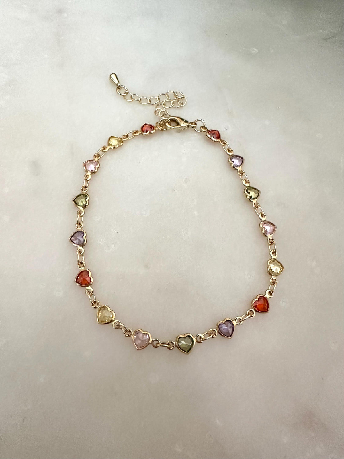 Gold Filled Multicolor CZ Heart Link Bracelet | Dainty Chain