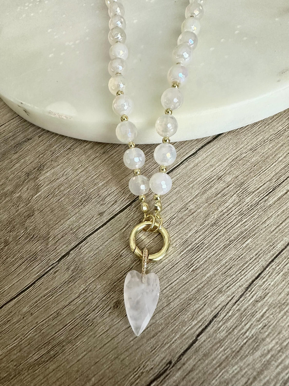 White Mystic Agate Beaded Necklace with Quartz Heart Pendant, Gold Filled 18” Romantic Gemstone Jewelry