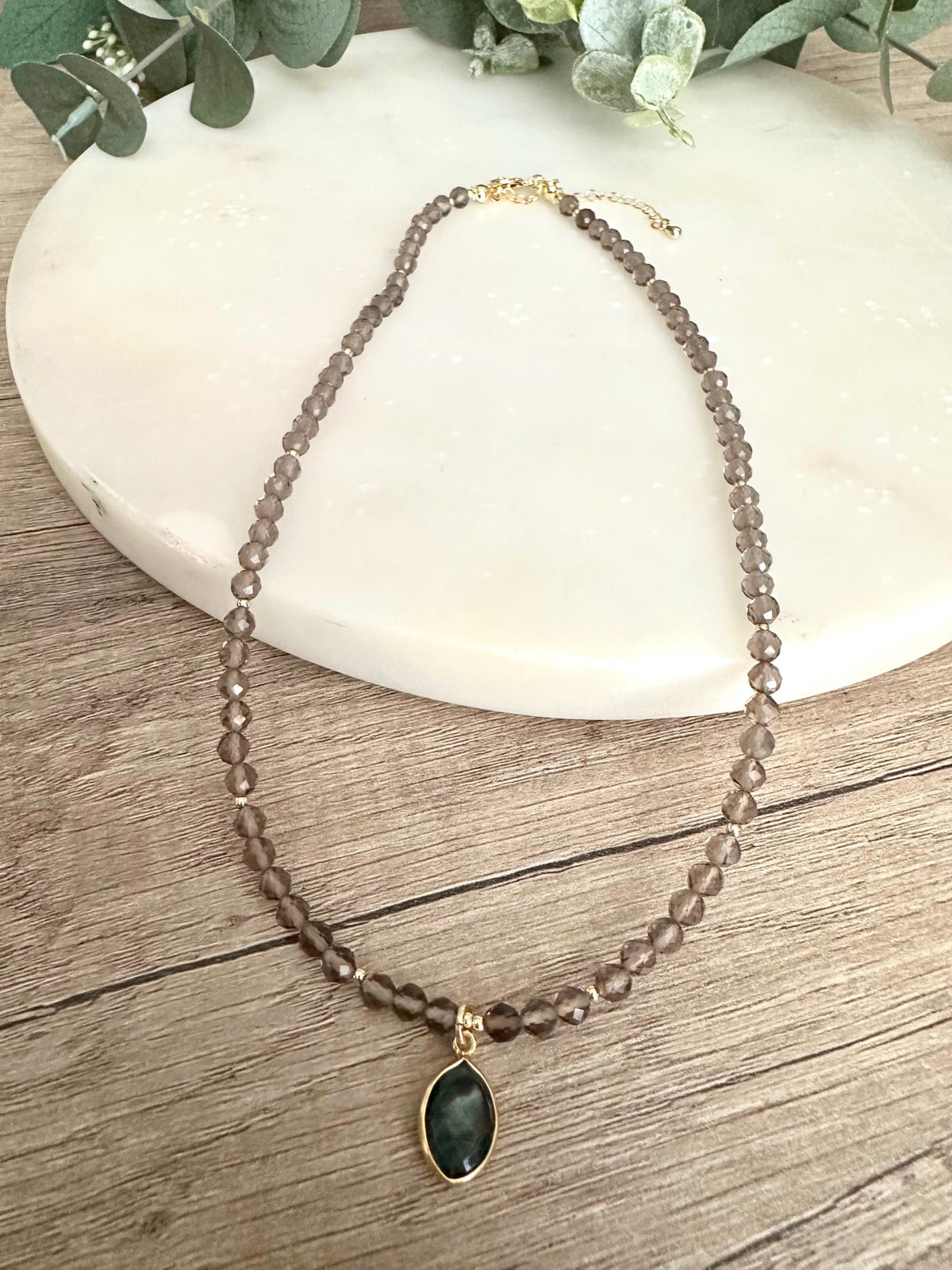 Smokey Quartz Beaded Necklace • Raw Emerald Marquis Pendant, Gold Filled