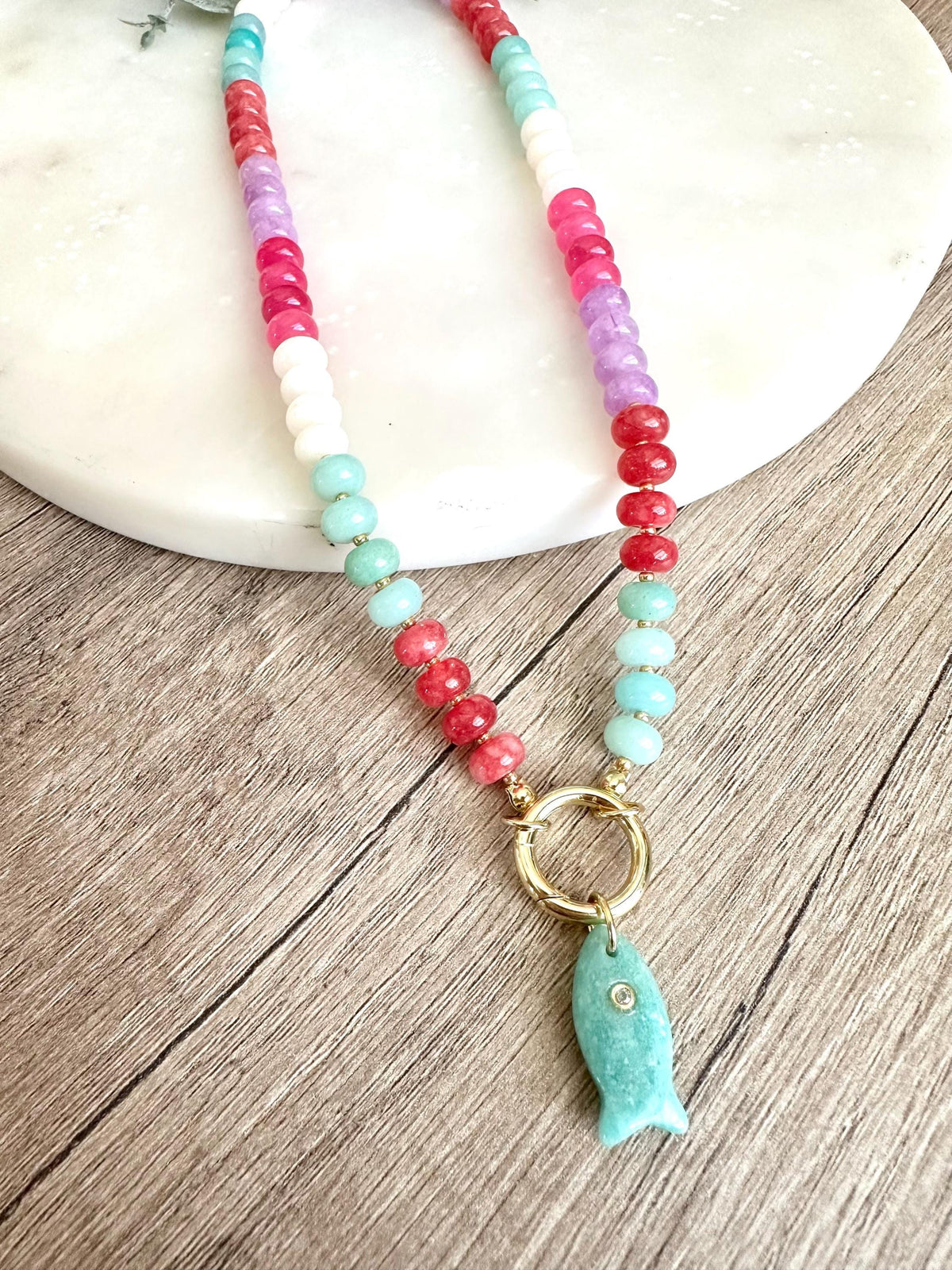 Multicolor Jade Necklace with Amazonite Fish Pendant | Gold Filled | 16–18”