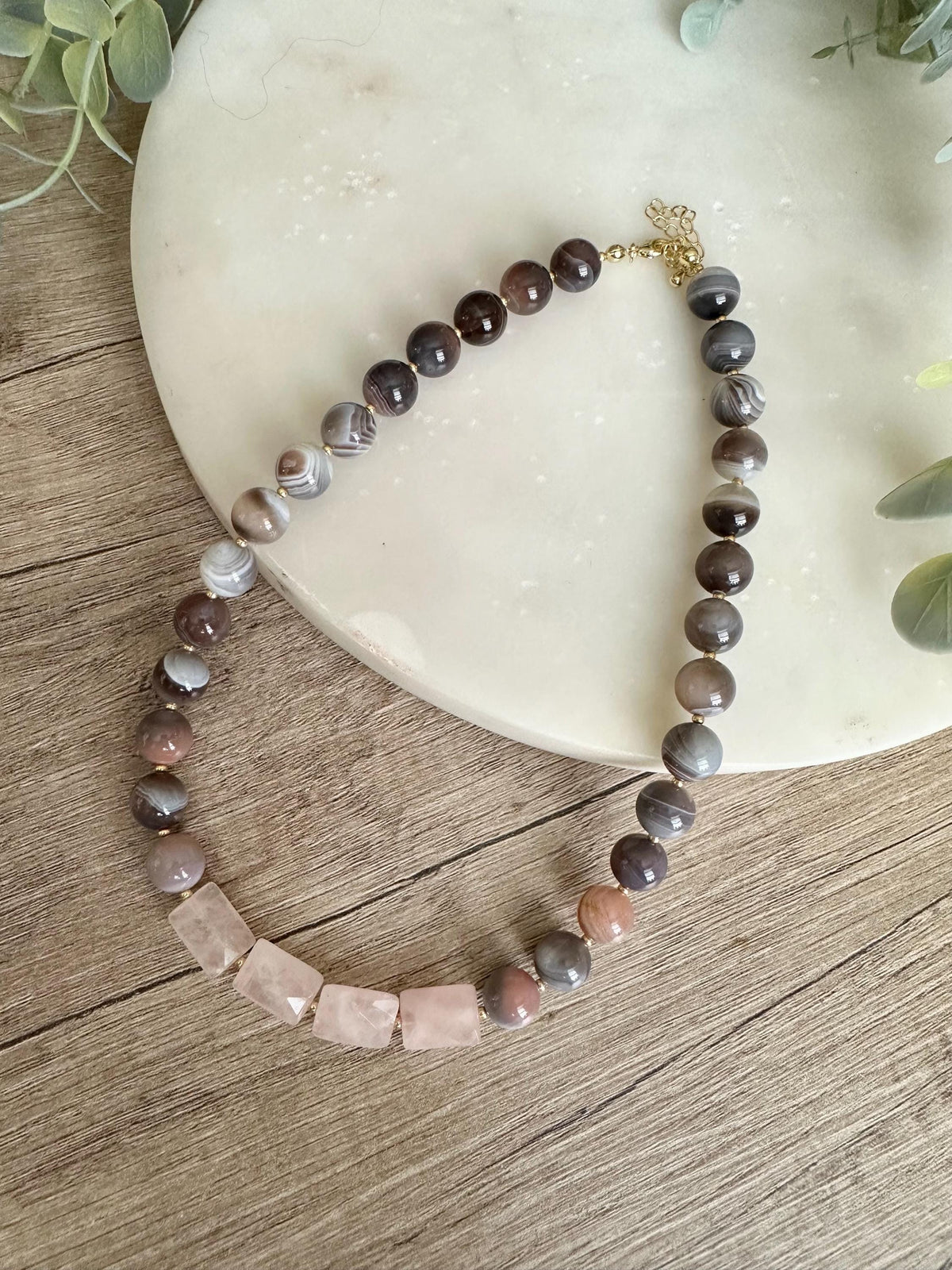 Botswana Agate Necklace with Rose Quartz Squares, 10mm Natural Gemstone Necklace, Grey Pink Statement Necklace, Gold Filled