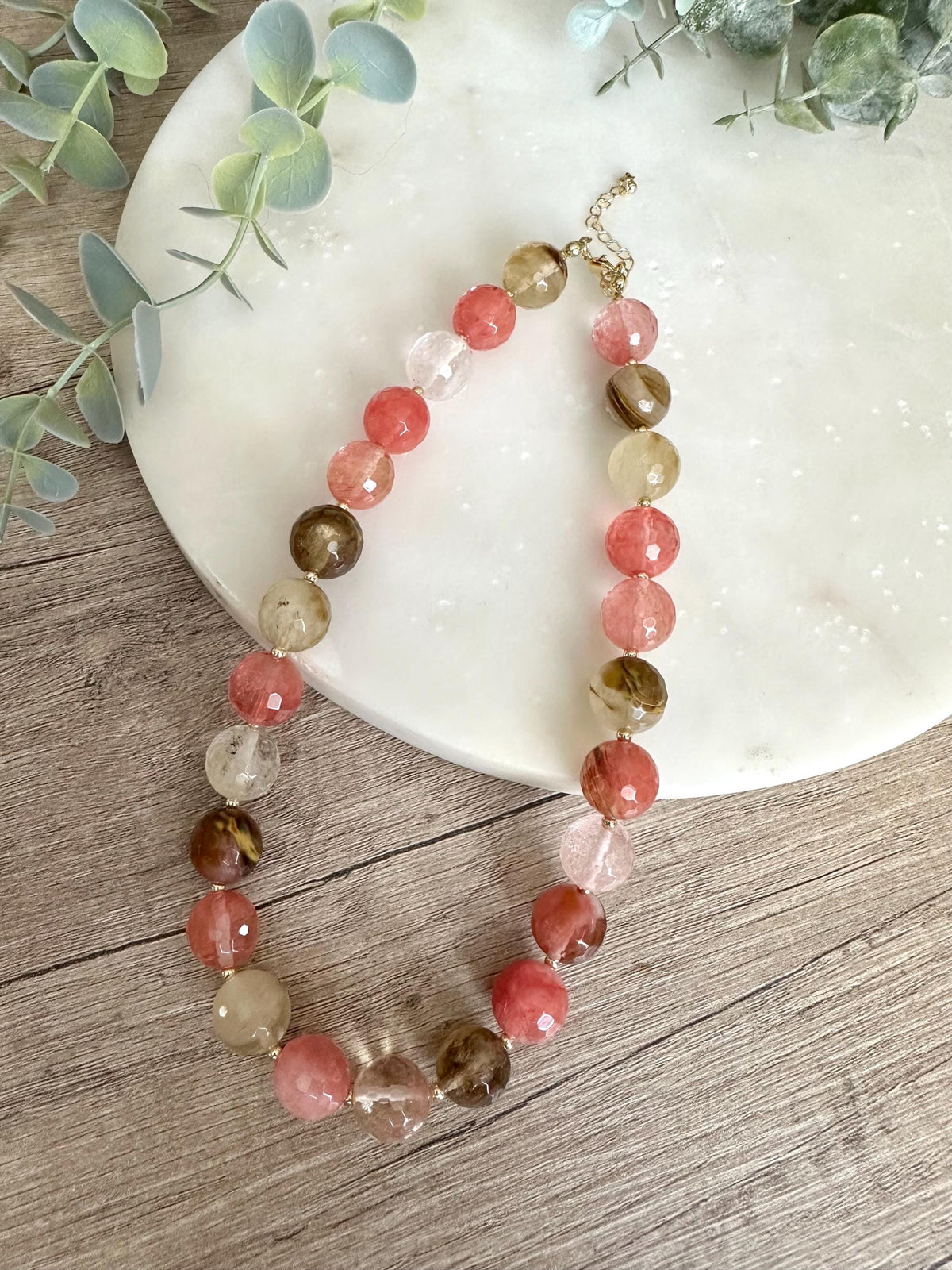 Cherry Quartz Necklace 14mm Faceted Beads, Pink Statement Gemstone Necklace, Gold Filled, Romantic Jewelry, Blush Tone Necklace