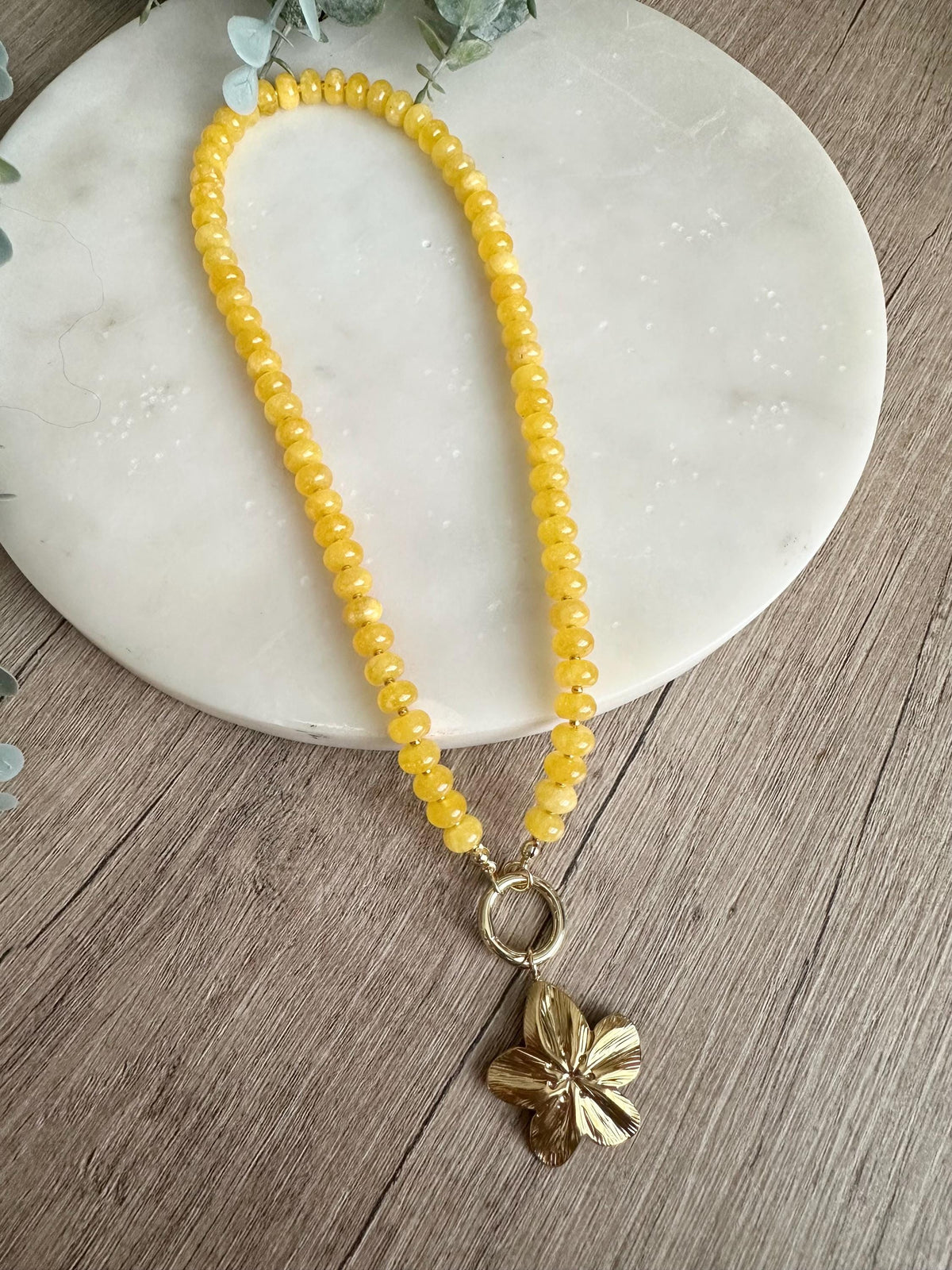Yellow Jade Flower Pendant Necklace, 18” Beaded Statement Necklace, Gold Filled