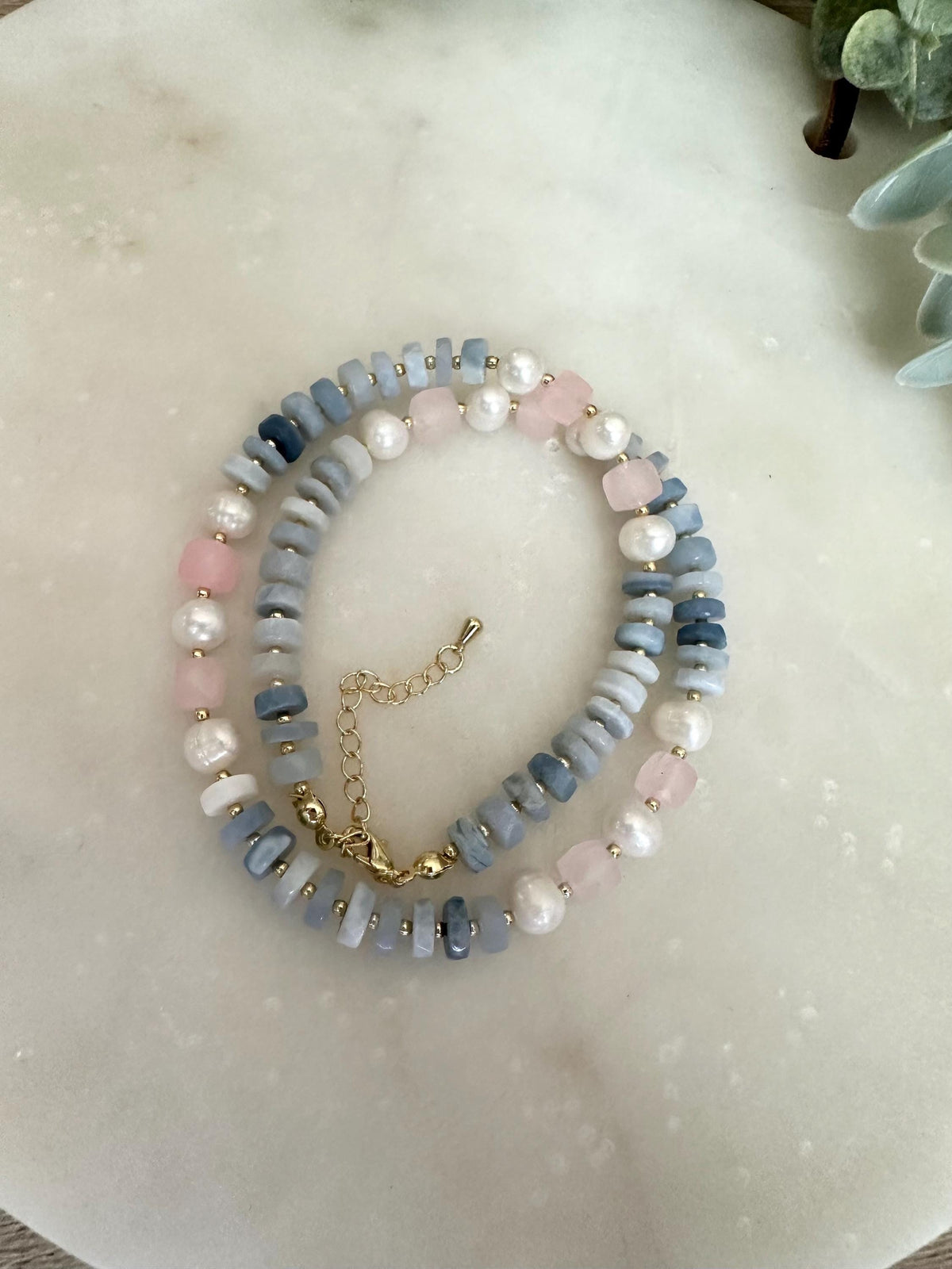 Blue Opal Heishi Freshwater Pearl Pink Jade Beaded Necklace, Gold Filled Layering Jewelry
