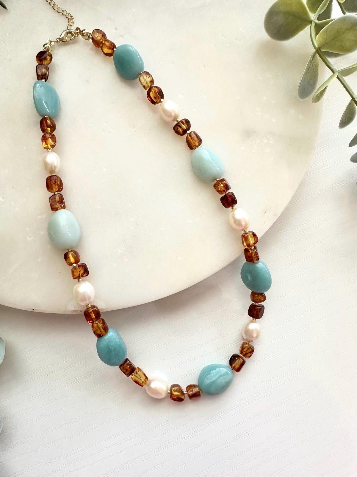 Amber & Amazonite Pearl Necklace | Freshwater Rice Pearl Gemstone Necklace | Coastal Statement Jewelry