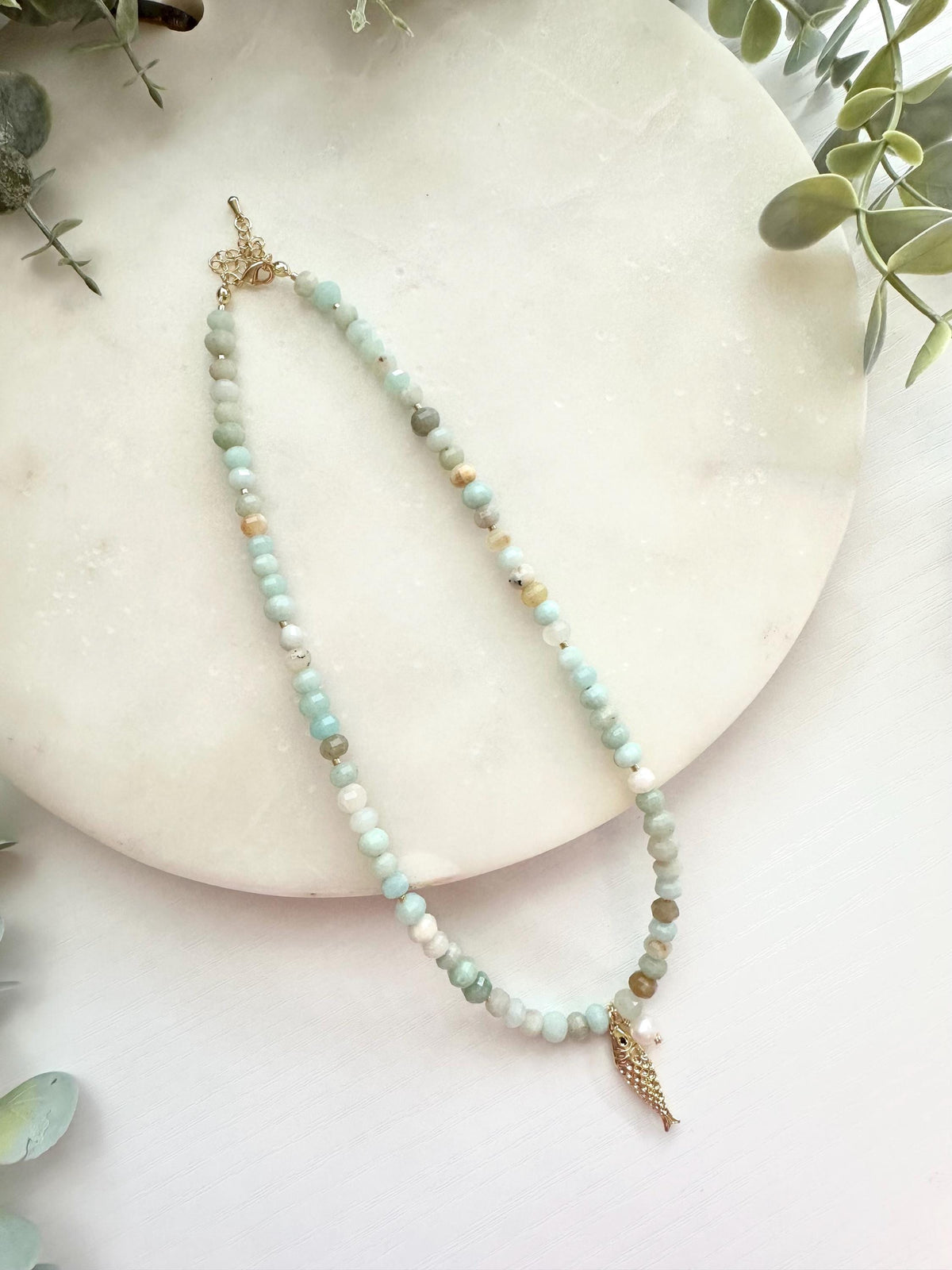 Amazonite Necklace with Fish and Freshwater Pearl Pendant | Minimalist Coastal Gemstone Necklace