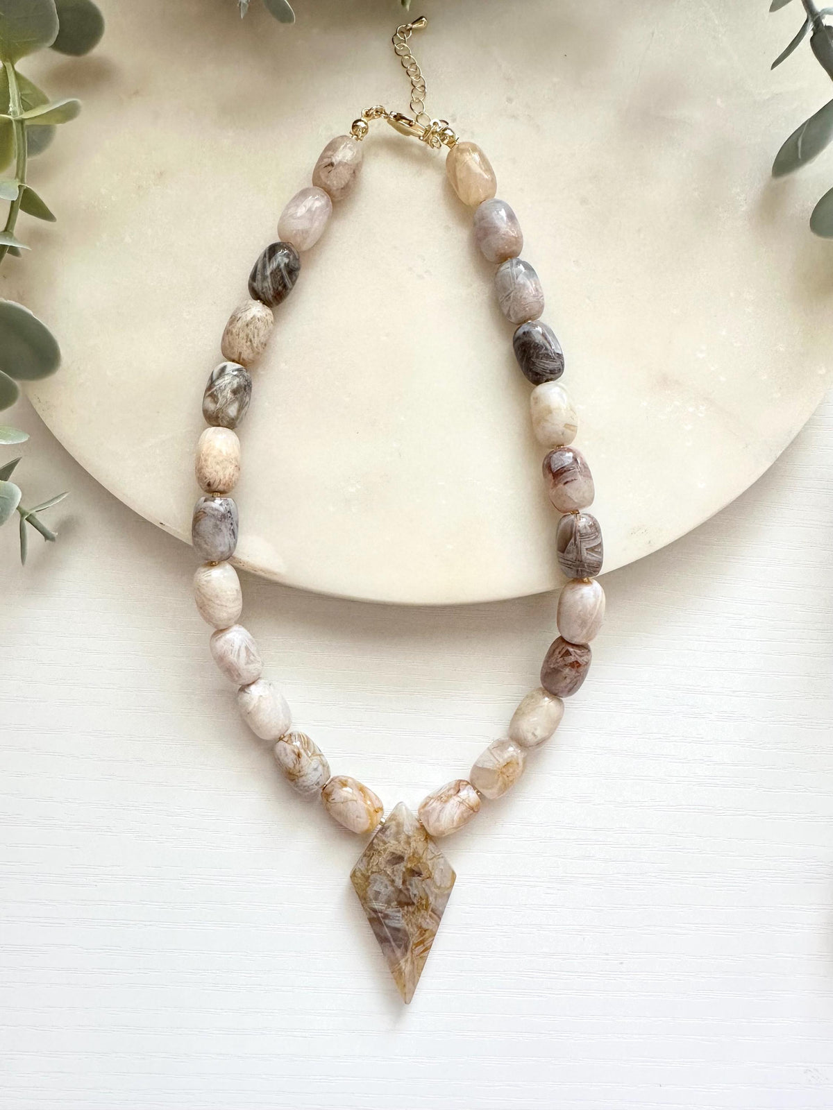 Bamboo Leaf Agate Necklace, Agate Pendant Necklace, Neutral Gemstone Necklace, Statement Stone Necklace