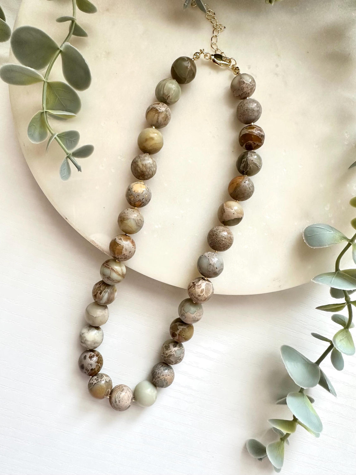 Aqua Terra Jasper Necklace, 12mm Jasper Bead Necklace, Earth Tone Gemstone Necklace, Sage Green Jewelry,