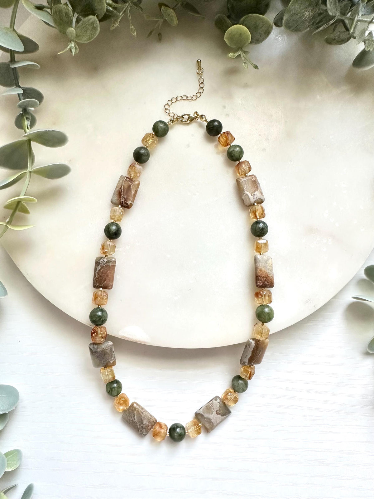 Citrine, Green Jade & Jasper Necklace, Earth Tone Gemstone Necklace, Natural Citrine Necklace, Green Jade Jewelry