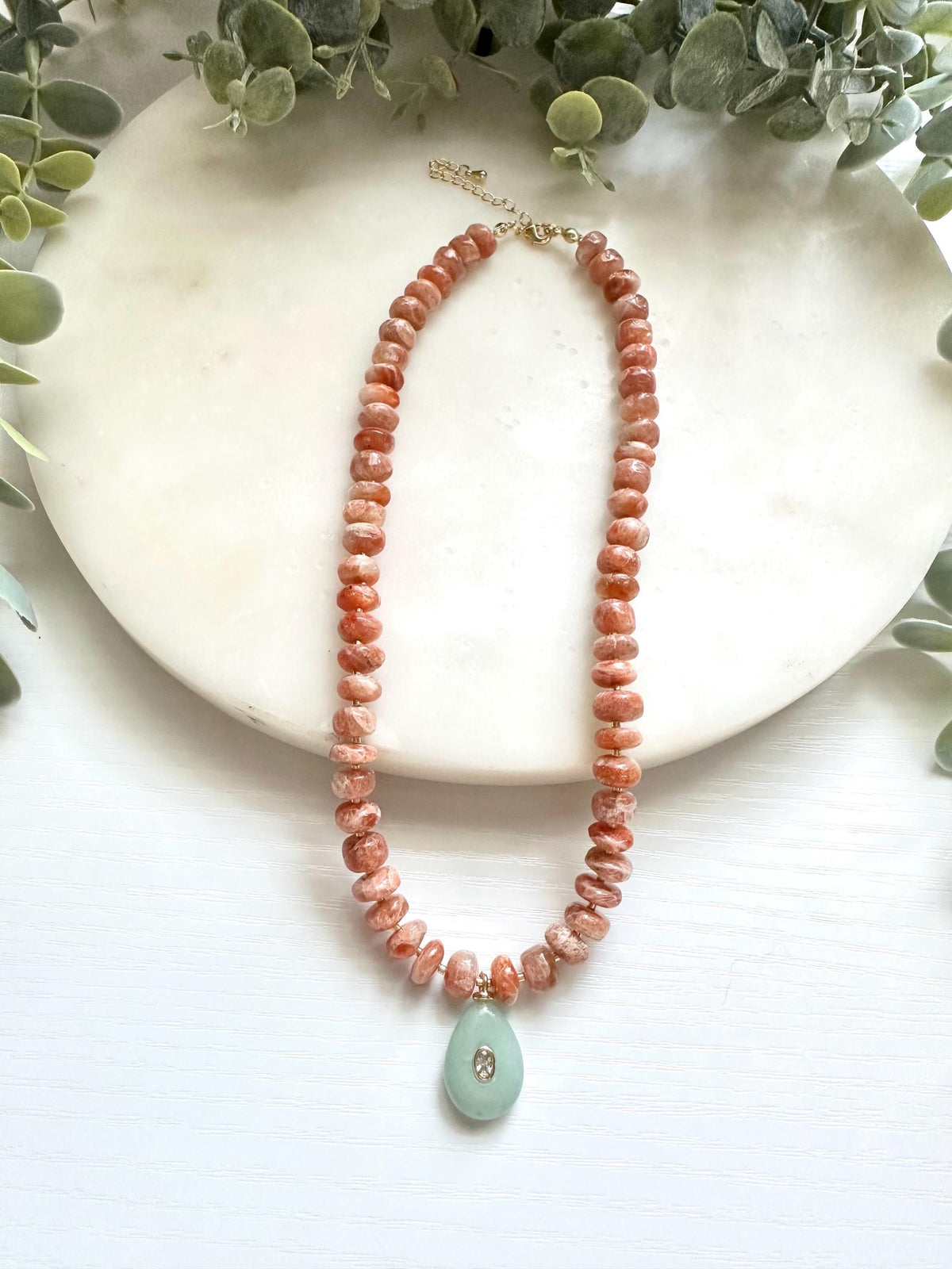 Sunstone Necklace with Jade Pendant, Peach Gemstone Necklace, Green Jade Necklace, Gemstone Necklace, Sunstone Jewelry