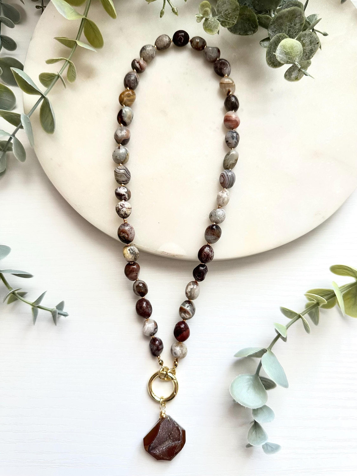 Mexican Crazy Lace Agate Necklace with Druzy Pendant | Gold Filled Gemstone Necklace
