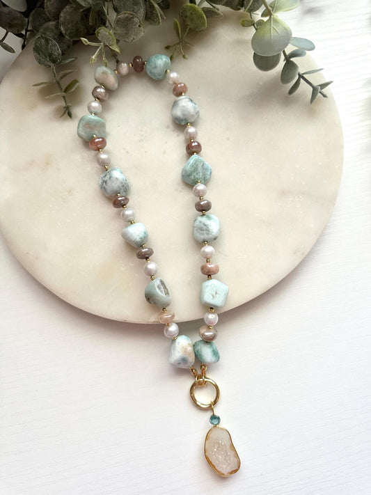 Larimar, Peach Moonstone & Freshwater Pearl Necklace with Druzy Pendant | Gold Filled Statement Necklace