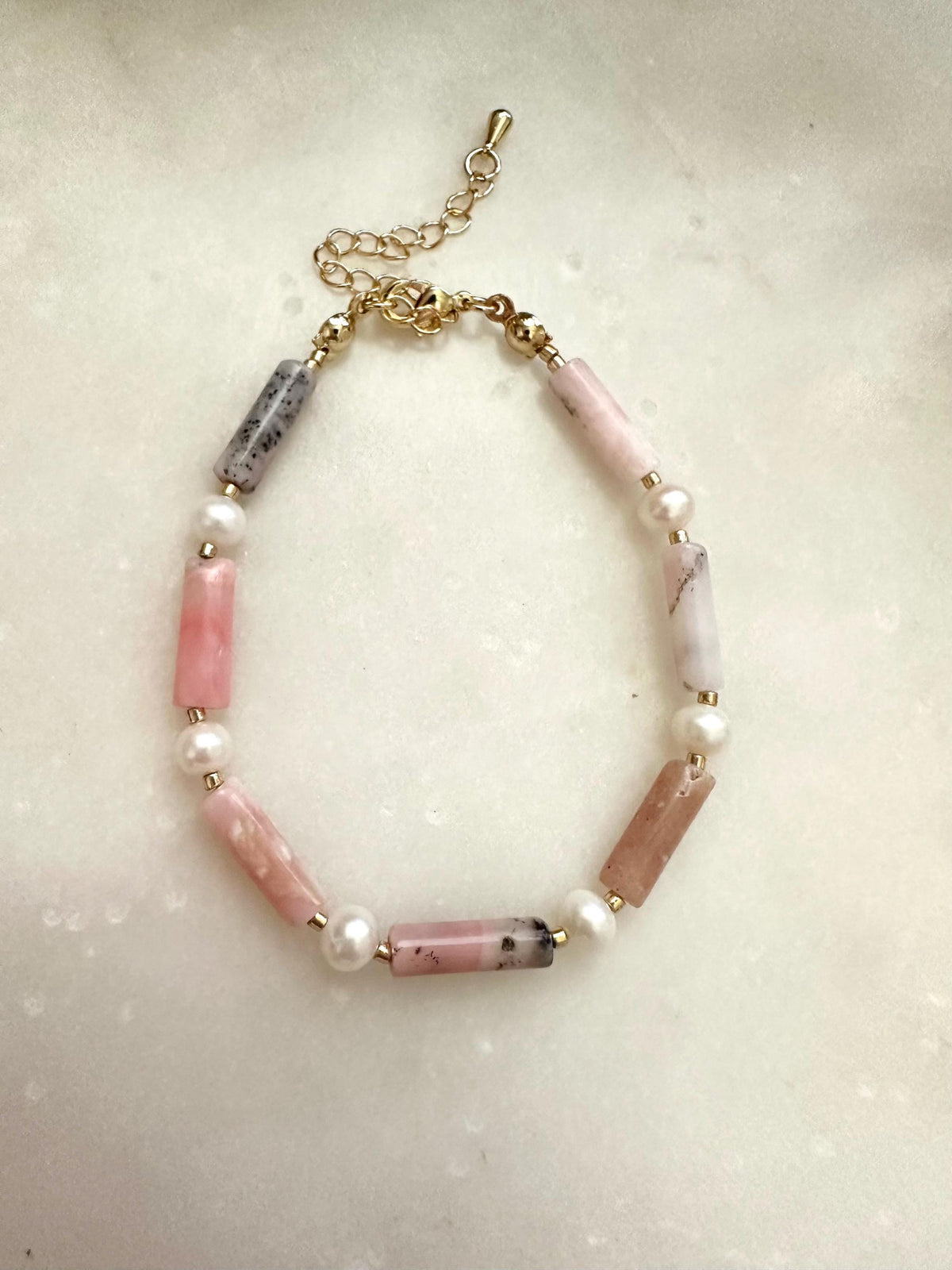 Pink Opal & Freshwater Pearl Bracelet | Gold Filled Gemstone Bracelet