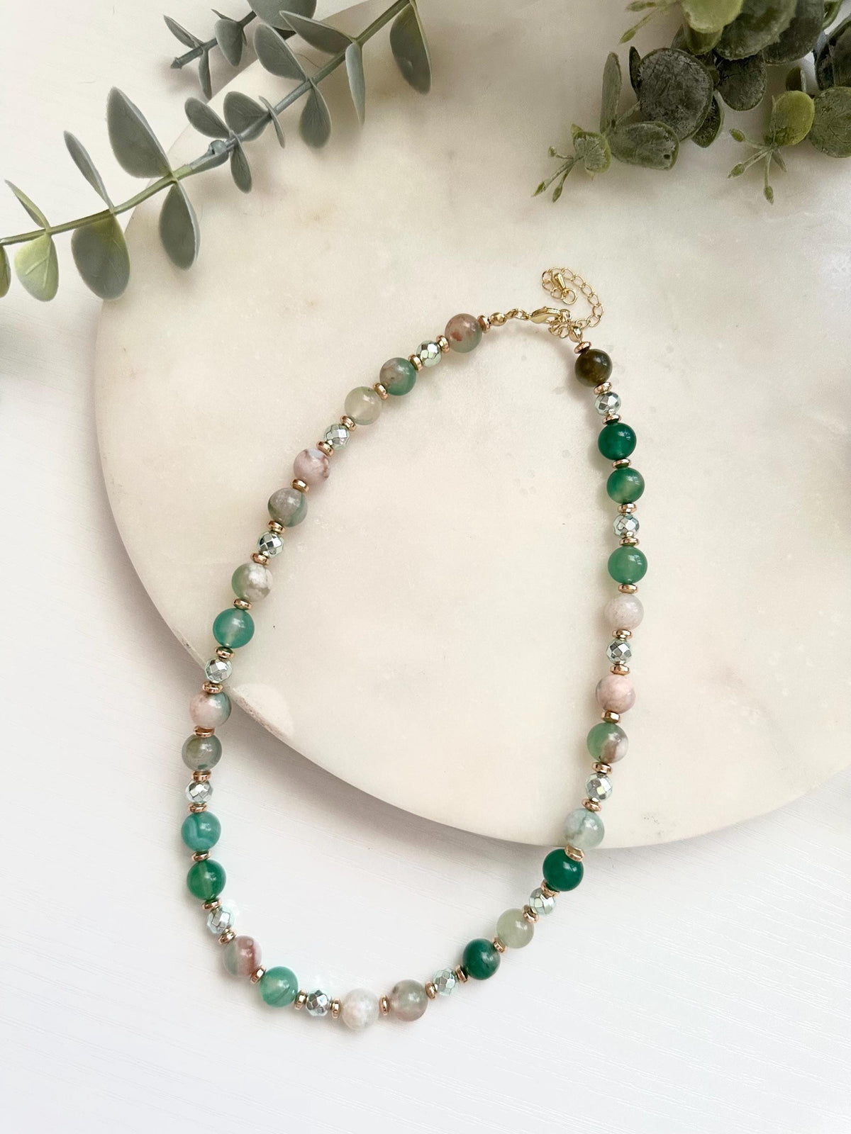 Green Flower Agate & Hematite Necklace | Gold Filled Gemstone Necklace