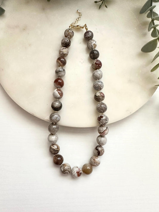 Mexican Crazy Lace Agate Necklace | 12mm Natural Gemstone Necklace | Gold Filled Jewelry