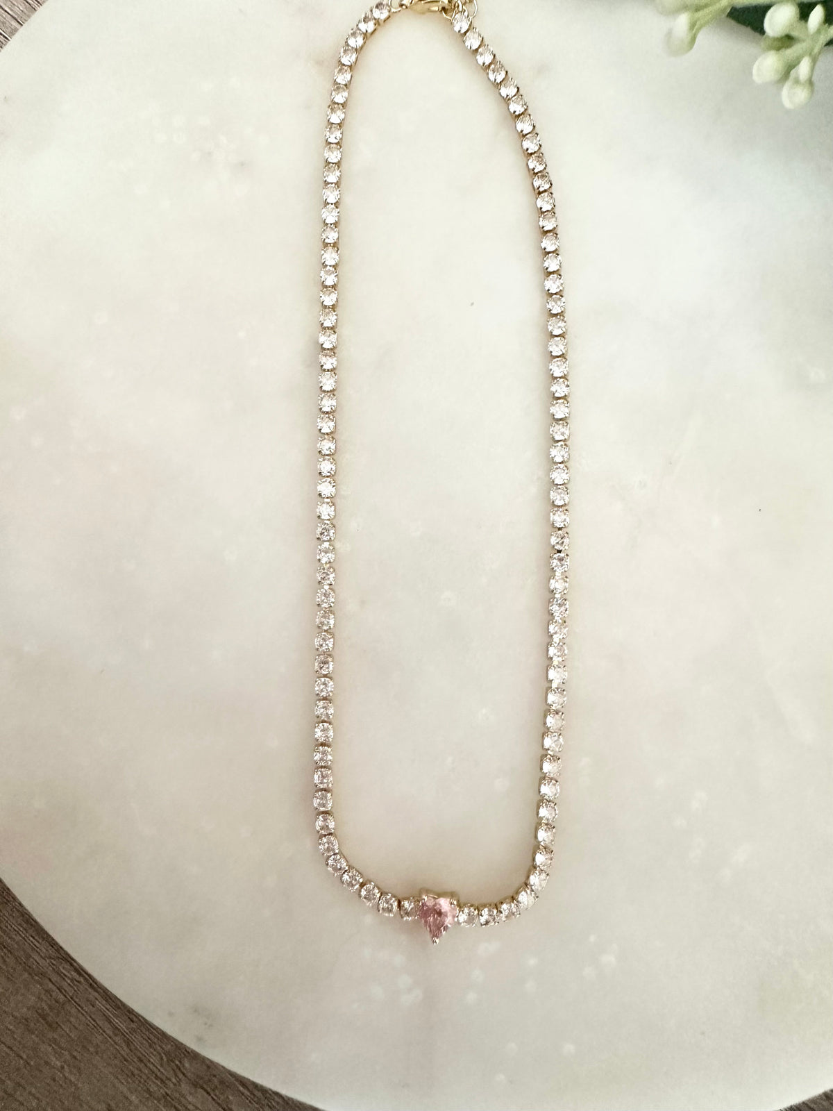 Tennis choker necklace cz diamond tennis necklace with pink heart