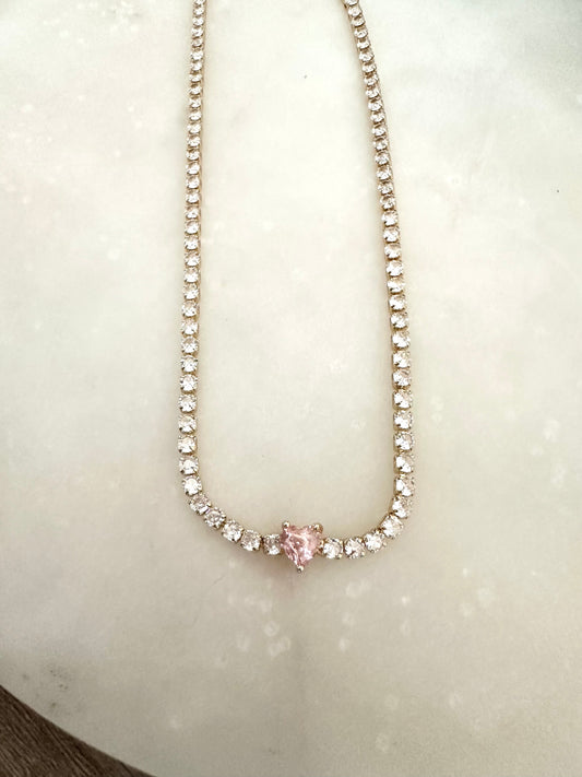 Tennis choker necklace cz diamond tennis necklace with pink heart