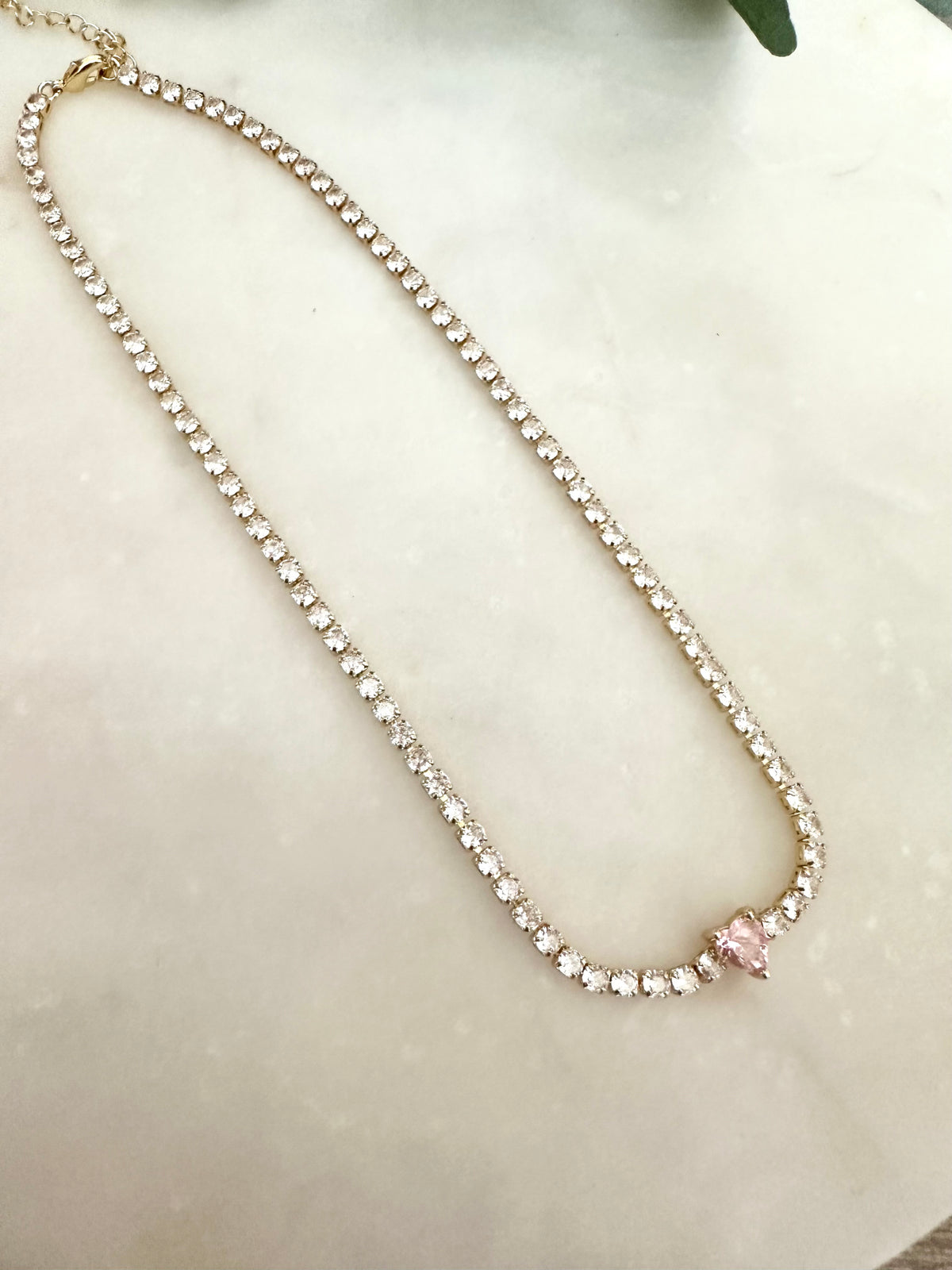 Tennis choker necklace cz diamond tennis necklace with pink heart
