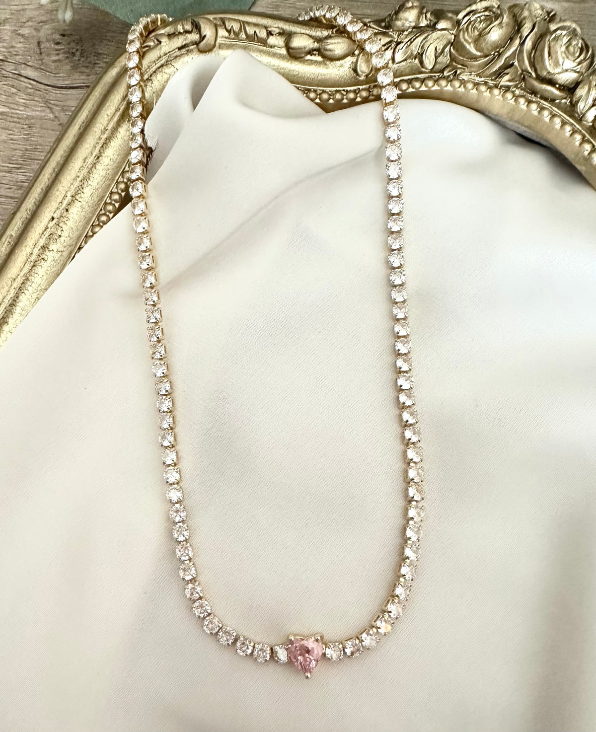 Tennis choker necklace cz diamond tennis necklace with pink heart