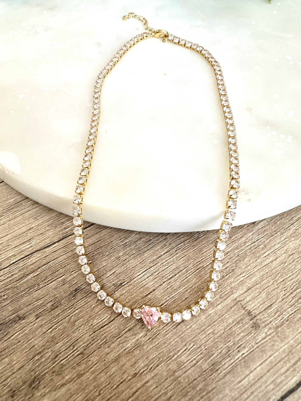 Tennis choker necklace cz diamond tennis necklace with pink heart