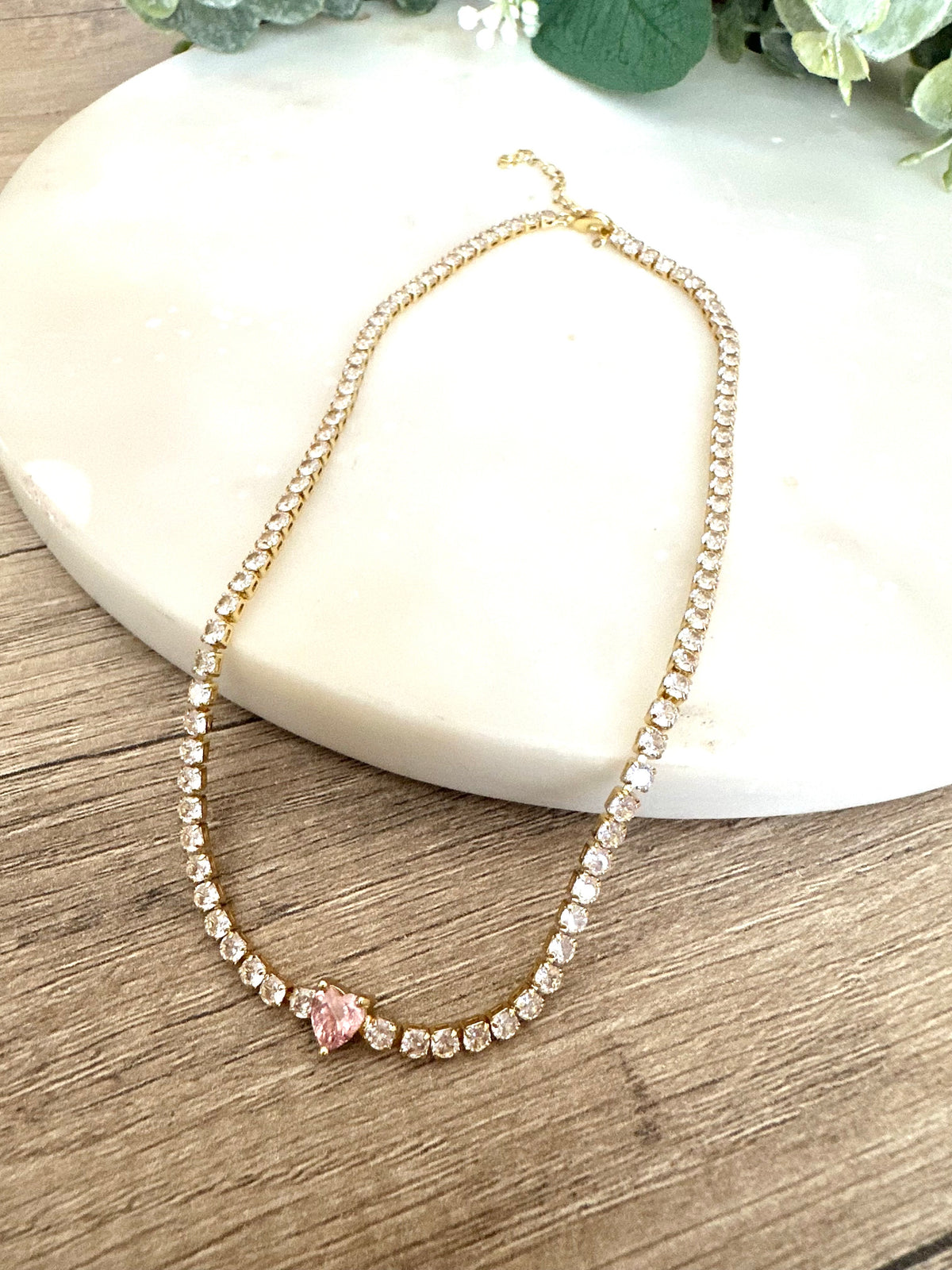 Tennis choker necklace cz diamond tennis necklace with pink heart