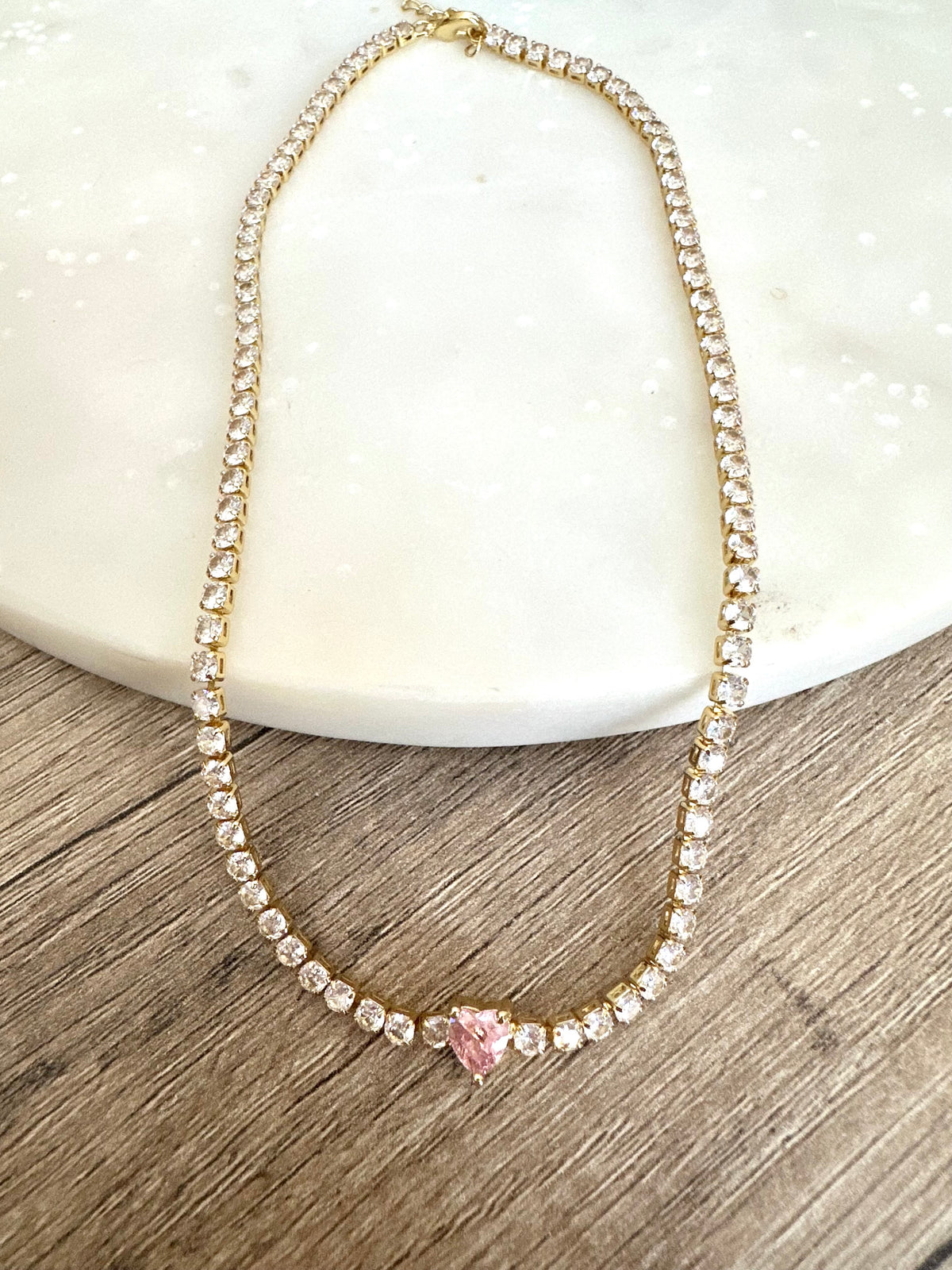 Tennis choker necklace cz diamond tennis necklace with pink heart