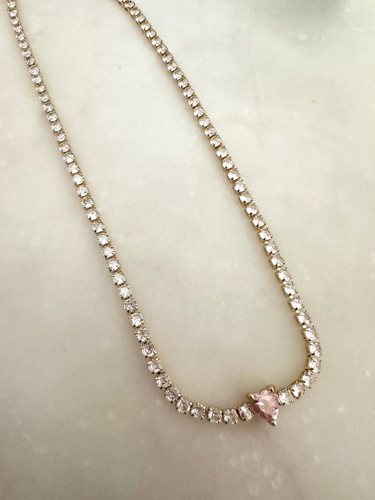 Tennis choker necklace cz diamond tennis necklace with pink heart