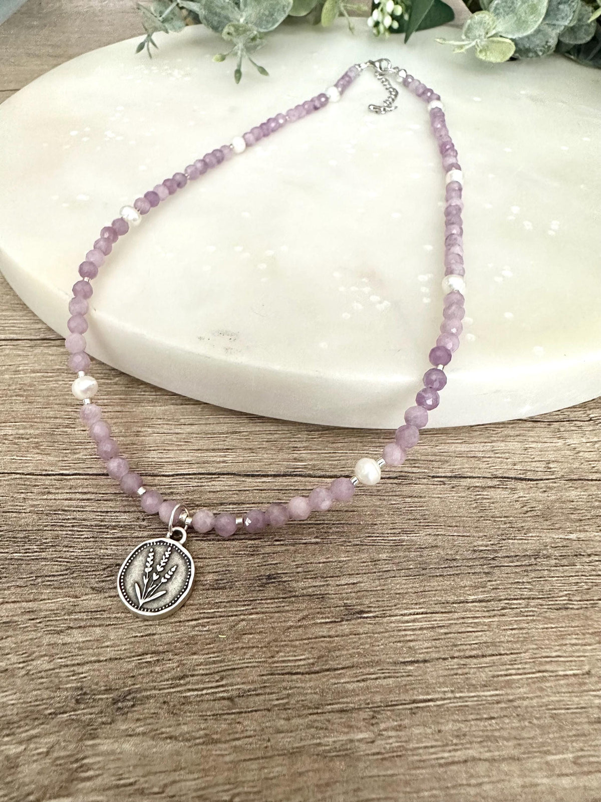 Lavender Beaded Necklace With A Flower Pendant Gift for her-Wedding-Bridesmaid