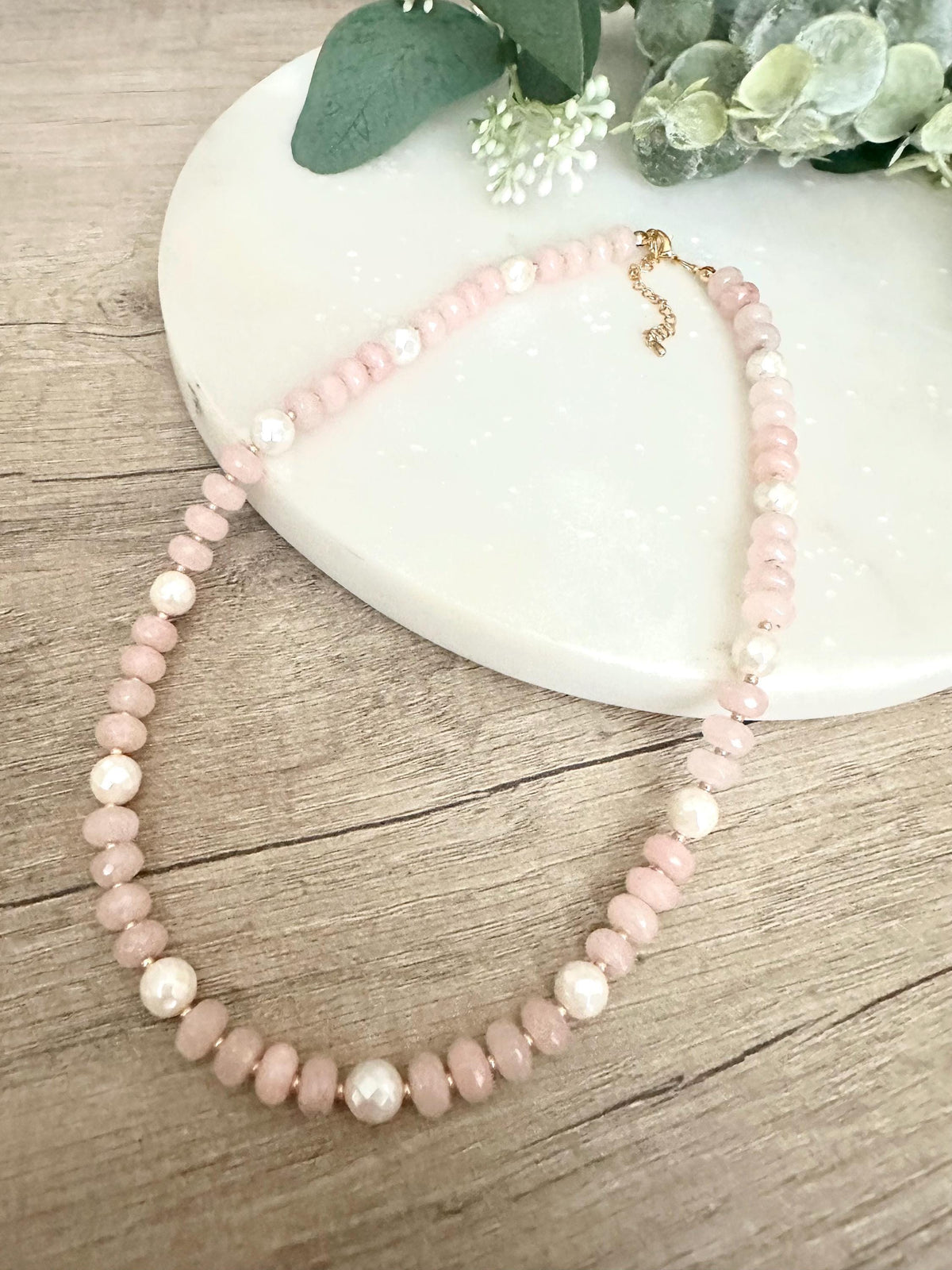 Mystic Pale Pink Jade With Pearls Beaded Necklace -Gift-Wedding-Bridesmaid