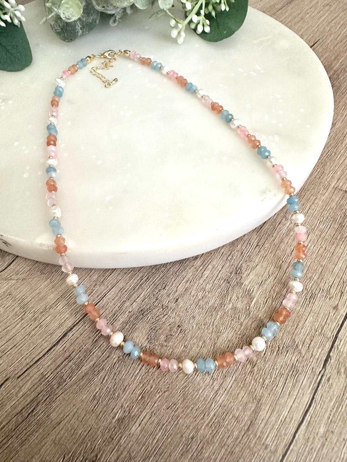 Orange Blue Pink Beaded Necklace -Gift-Wedding-Bridesmaid