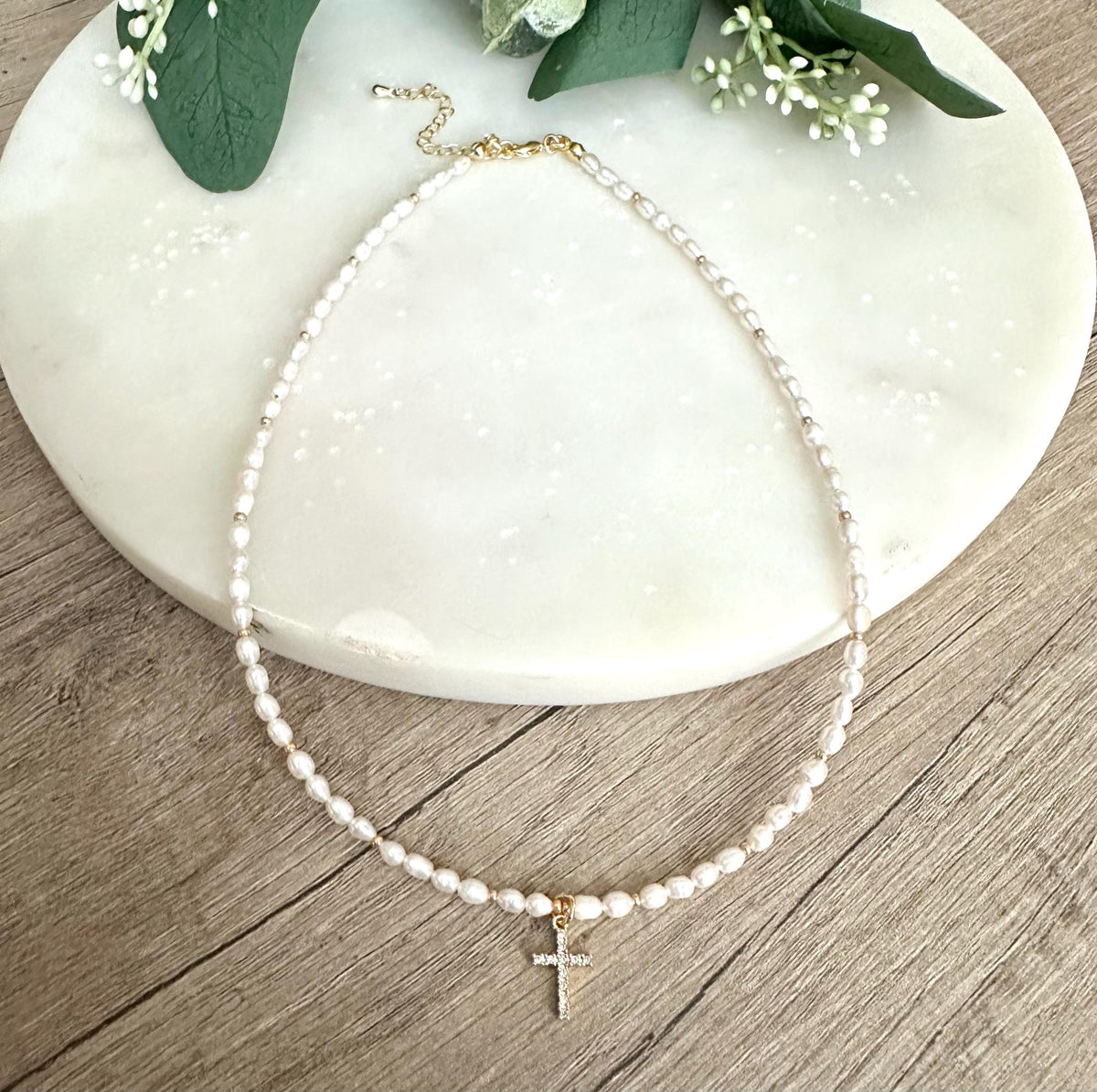 Freshwater Pearl Beaded Cross Necklace -Gift-Wedding-Bridesmaid