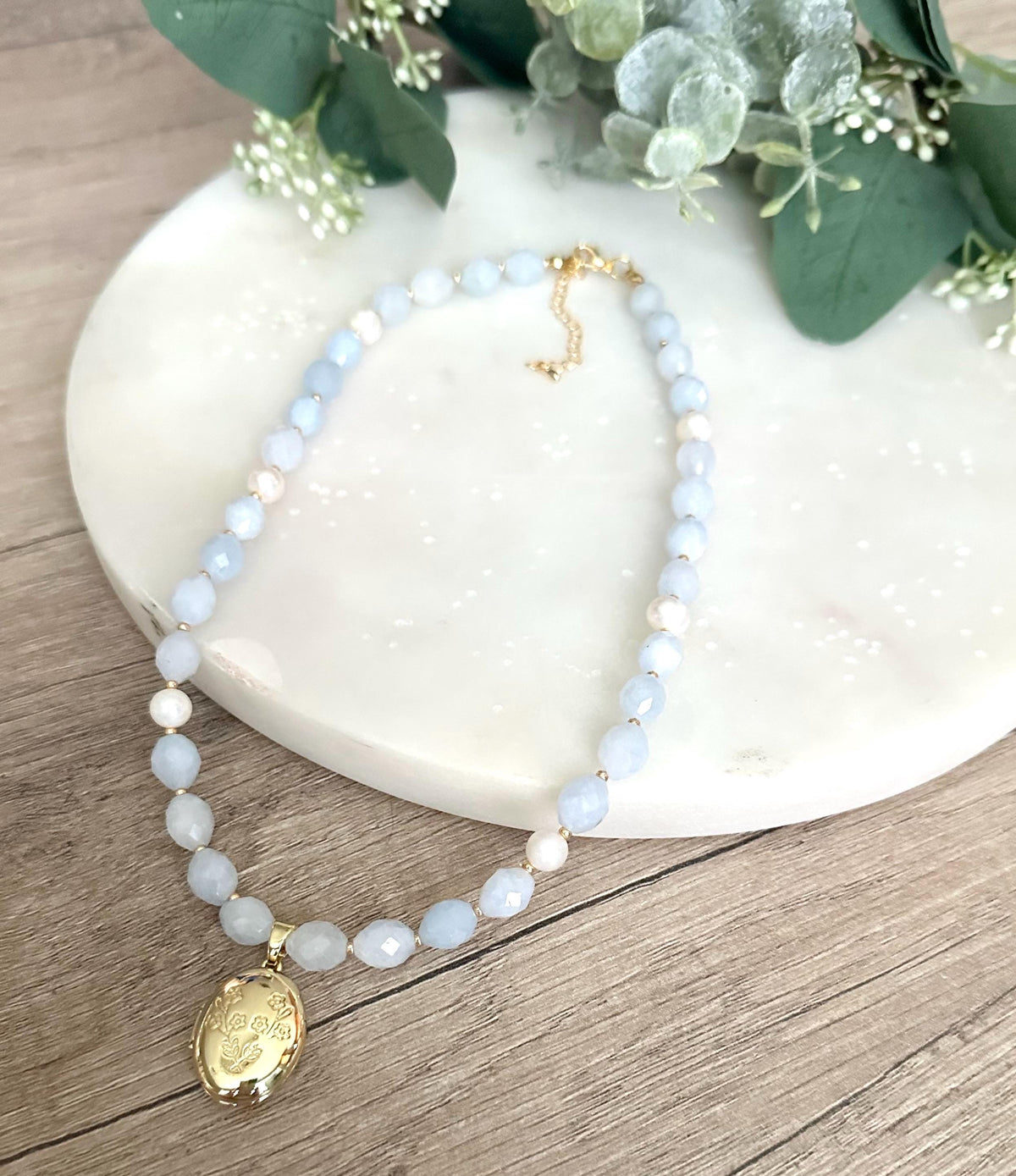 Pale Blue Beaded Locket Necklace -Gift-Wedding-Bridesmaids