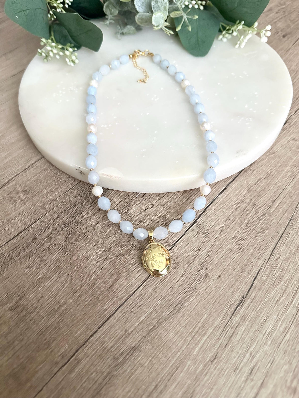 Pale Blue Beaded Locket Necklace -Gift-Wedding-Bridesmaids
